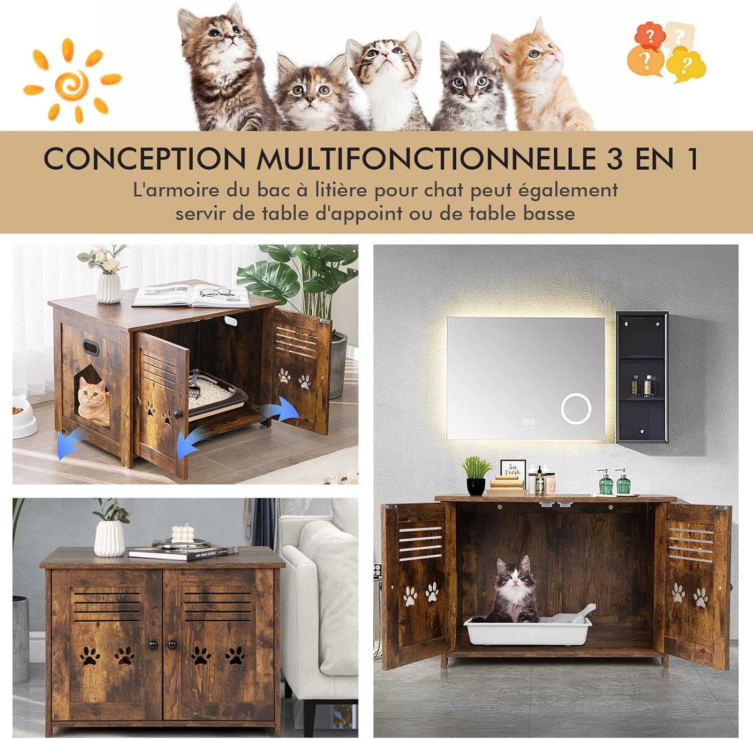 Image demonstrating the 3-in-1 multifunctional design of the cat litter box enclosure, showing it used as a litter box cabinet, a side table, and a cat resting spot.