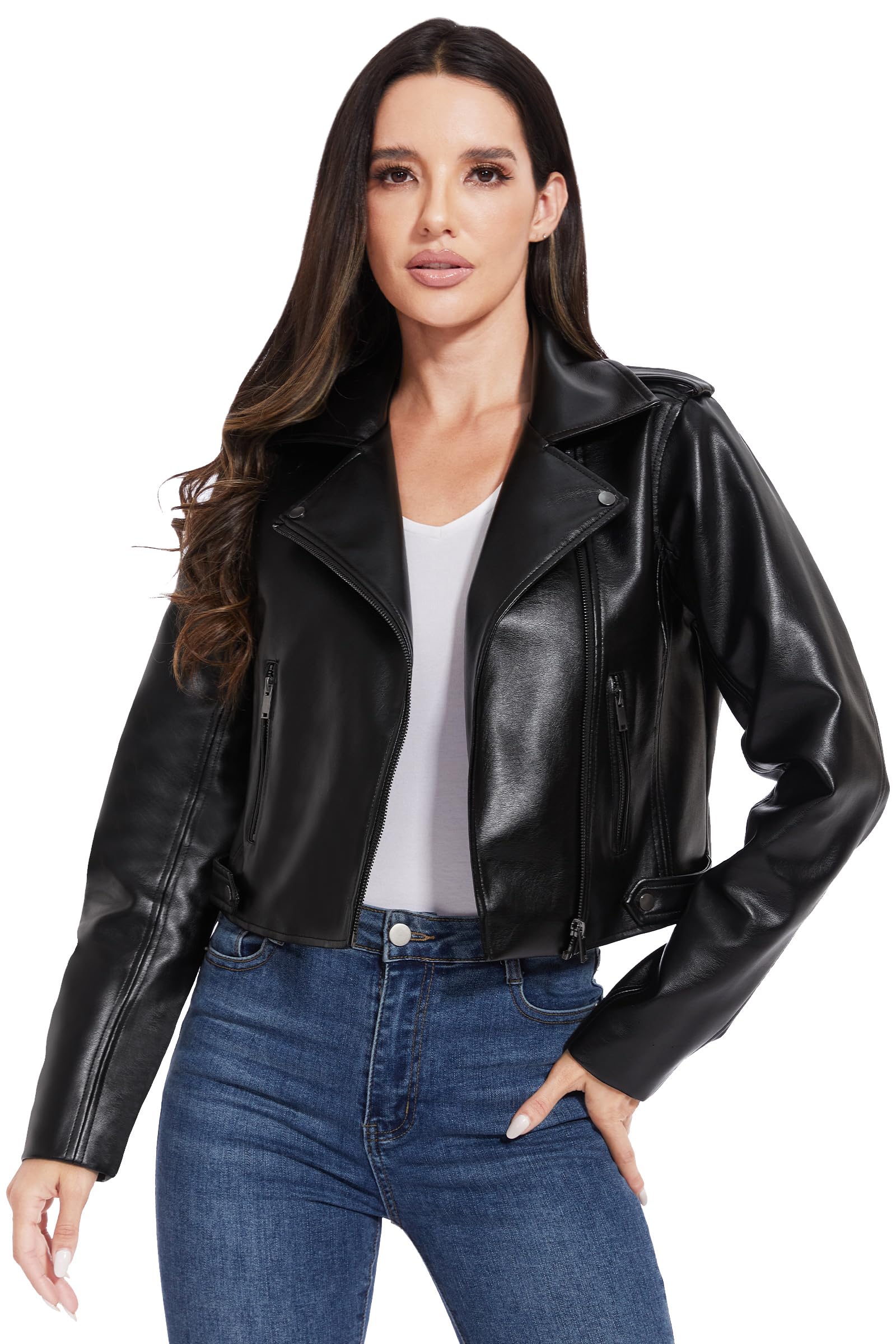 Fahsyee Damen Kunstlederjacke Kurze Biker Blazer Slim Fit Schwarz S-XXL