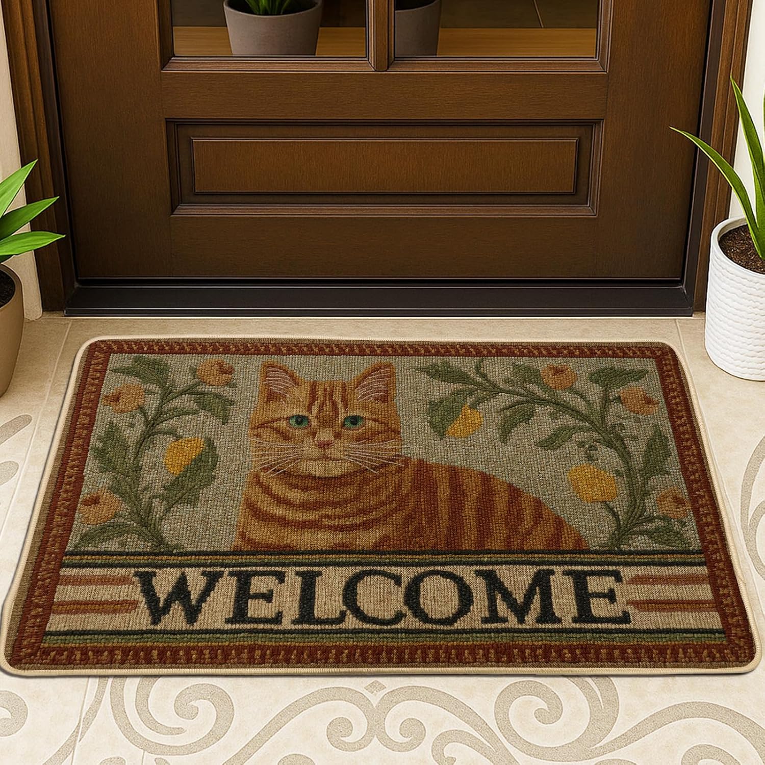 Cat Welcome Doormat, Orange Kitty Door Mat for Outdoor & Indoor Entryway Seasonal Decor, Non-Slip Waterproof Dust Absorbent Front Mats, Easy Care 29x17 Inch