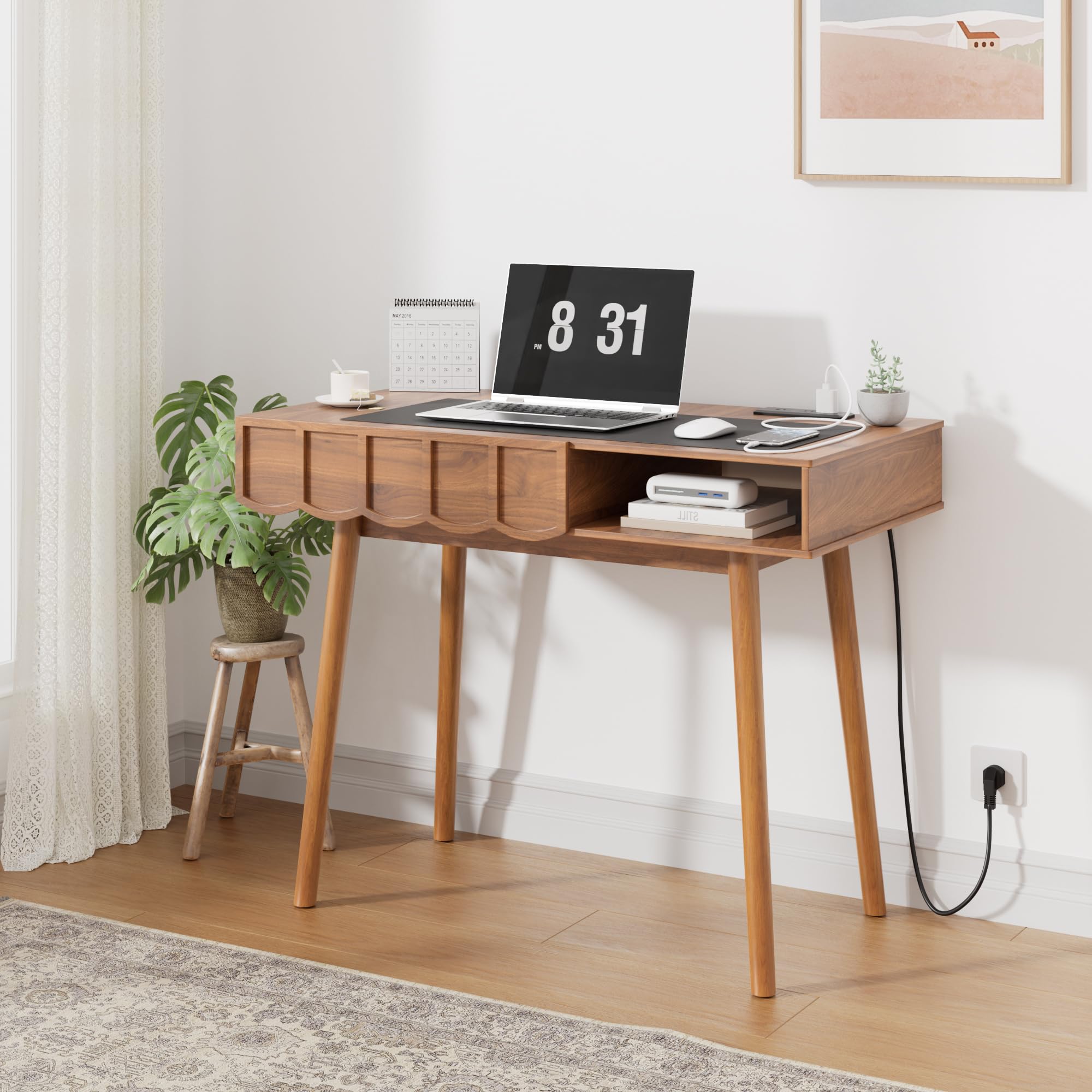 Escritorio Madera con Enchufes USB, 109x51x76cm, 40L Almacenamiento, Nogal Impermeable, para Oficina, Dormitorio, Mesita de Maquillaje，Cable de Alimentación， Mid-Century Modern