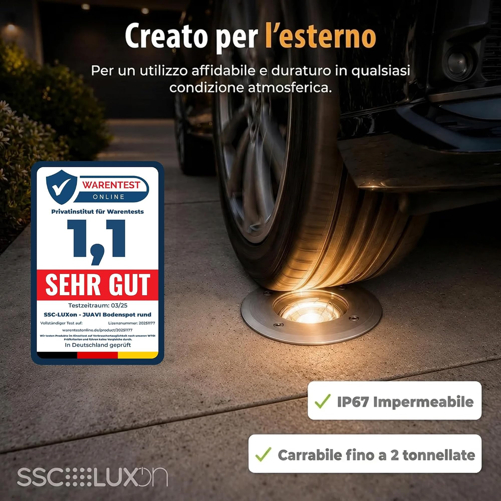 SSC-LUXon JUAVI Argento Tondo - 4 Faretti Incasso GU10 IP67 Esterno | segnapasso orientabile, carrabile fino a 2000 kg, doppio vetro satinato e trasparente, attacco GU10, senza lampadina