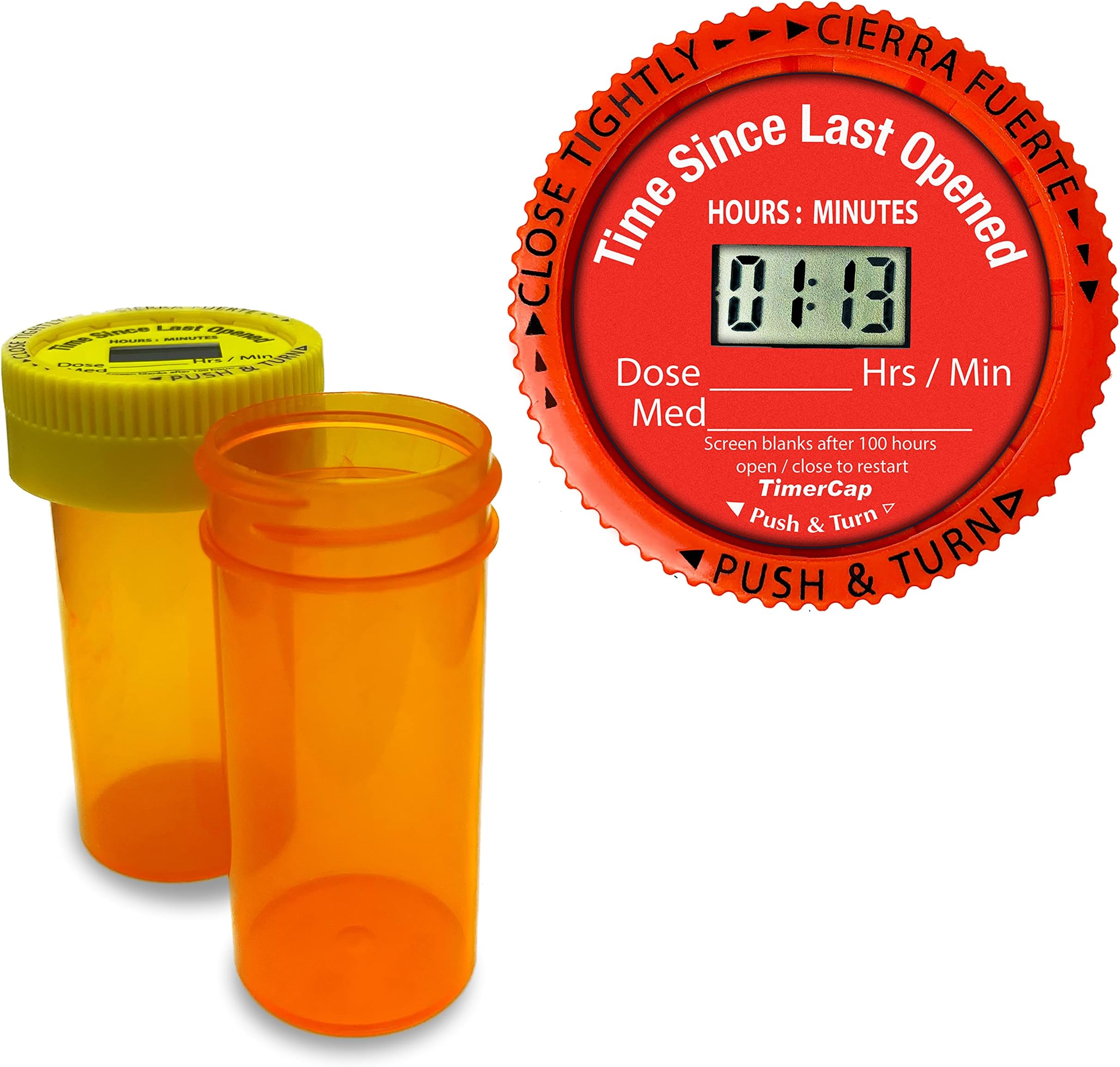 TimerCap Automatically Displays Time Since Last Opened - Built-in Stopwatch Smart Pill Bottle Cap Medication Reminder Case ( Qty 2 - 1.8 oz Amber Bottles) CRC