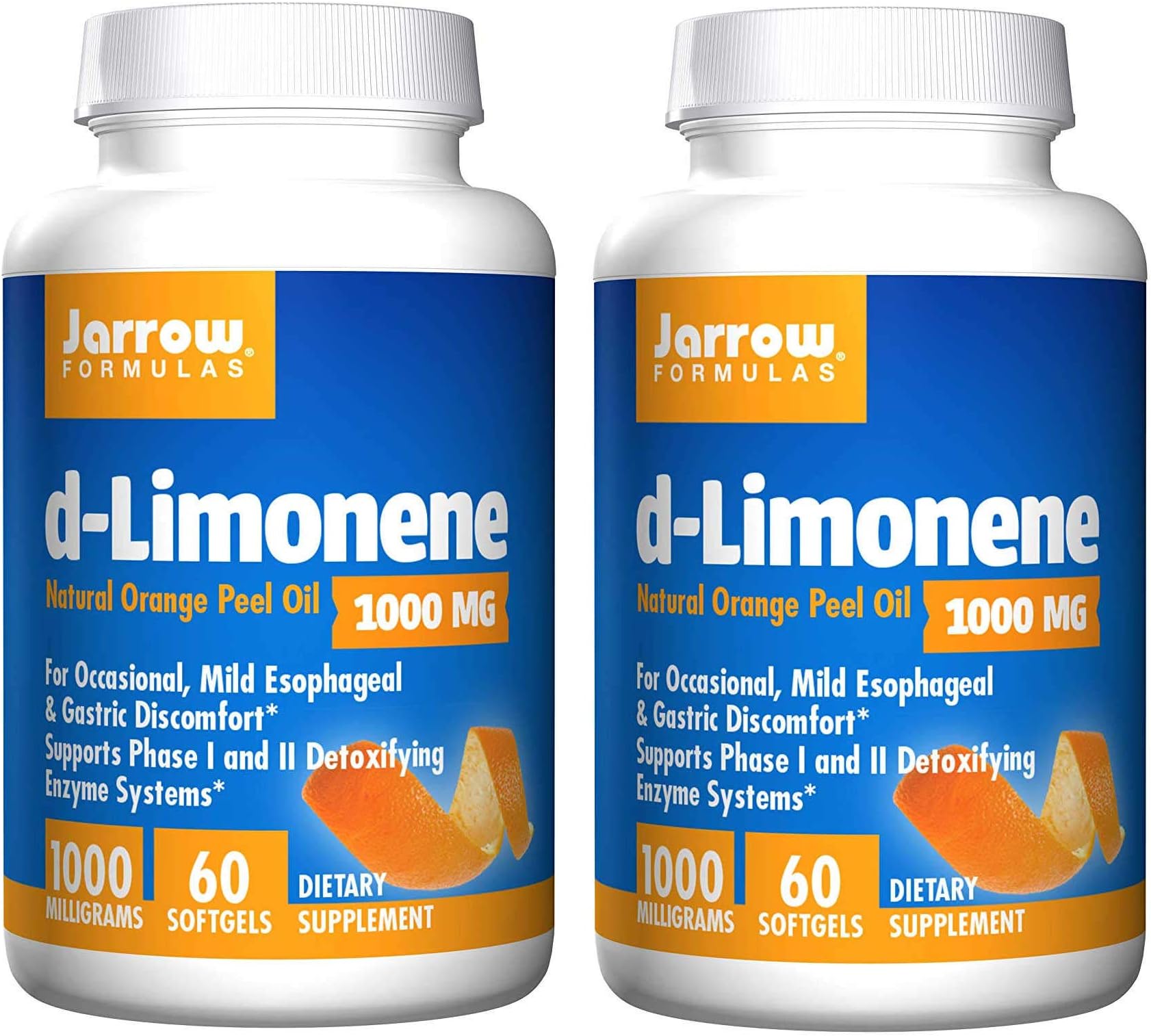 Jarrow Formulas d-Limonene Natural Orange Peel Oil for Occasional Esophageal and Gastric Discomfot Supports Phase I and II Detoxifying Enzyme Systems 1000 Milligrams - 60 Softgels (Pack of 2)