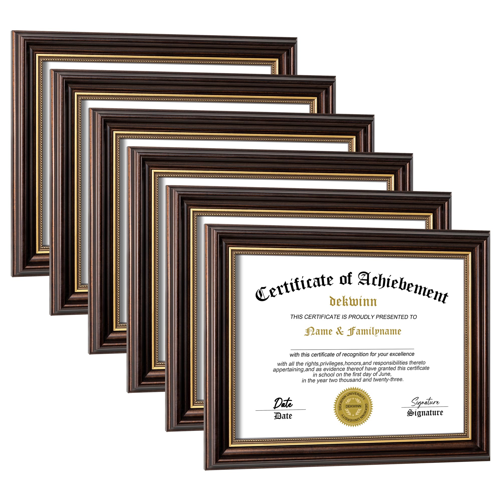 8.5x11 Diploma Frames Certificate Document Frame Set of 6 Reddish Brown/Gold Trim with Real Glass for Wall Gallery or Tabletop display, Without Mat