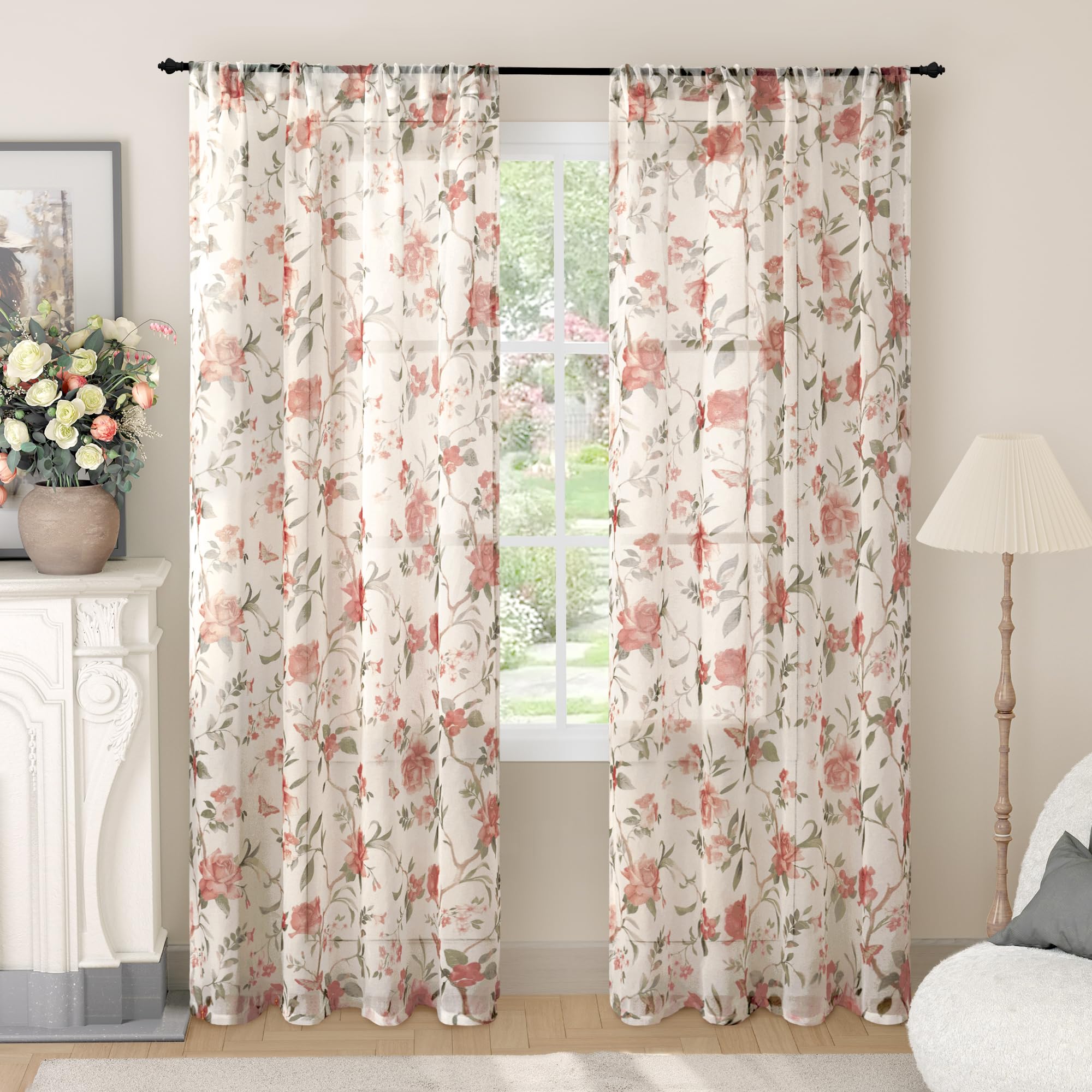 Lajode Terracotta Floral Sheer Curtains for Girls Room, 52x72 Inch 2 Panels — image 1
