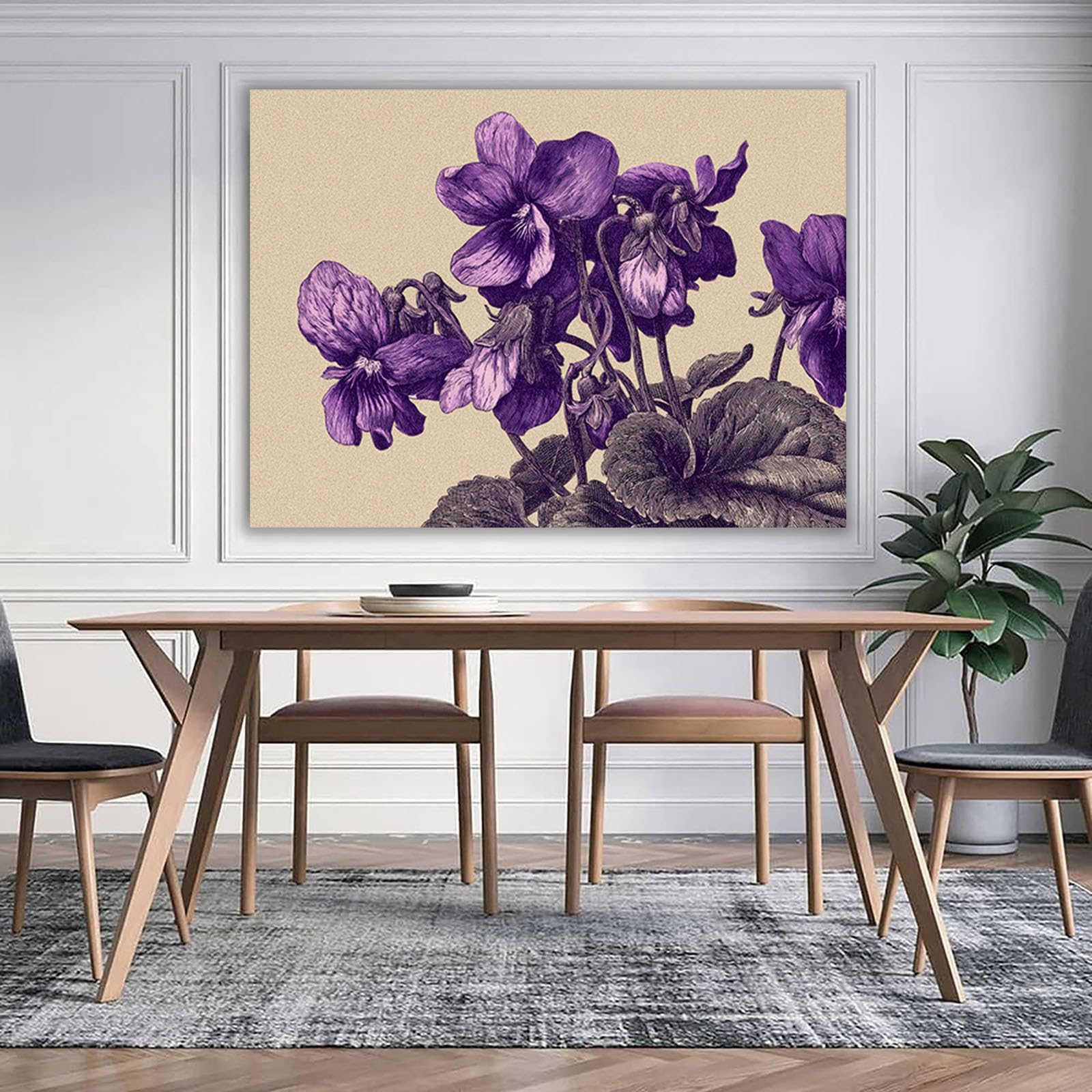 WUFIEA Semplice arte botanica Stampe su Canvas Disegno a tratteggio viola per Camera da Letto Agriturismo Soggiorno Bagno(Violetta)-40x60cm Incorniciato