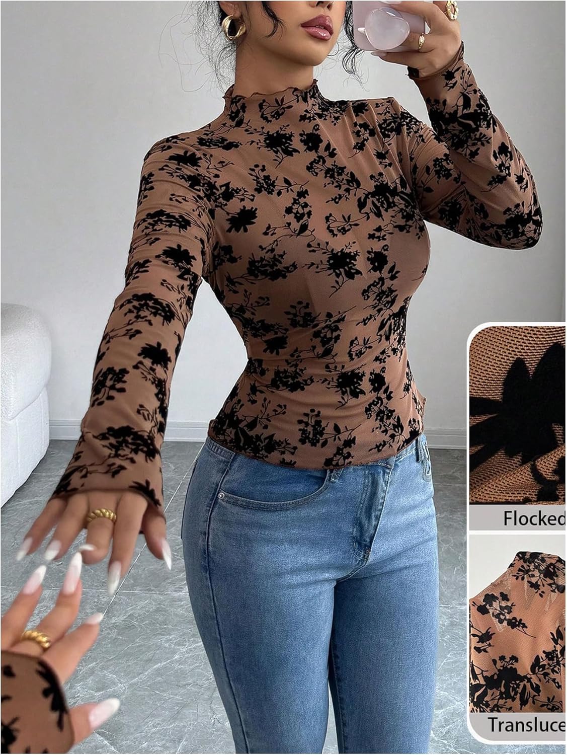 WDIRARA Women's Floral Tops Mock Neck Long Sleeve Mesh Sheer Tee Shirts Fitted Tops - Image 5