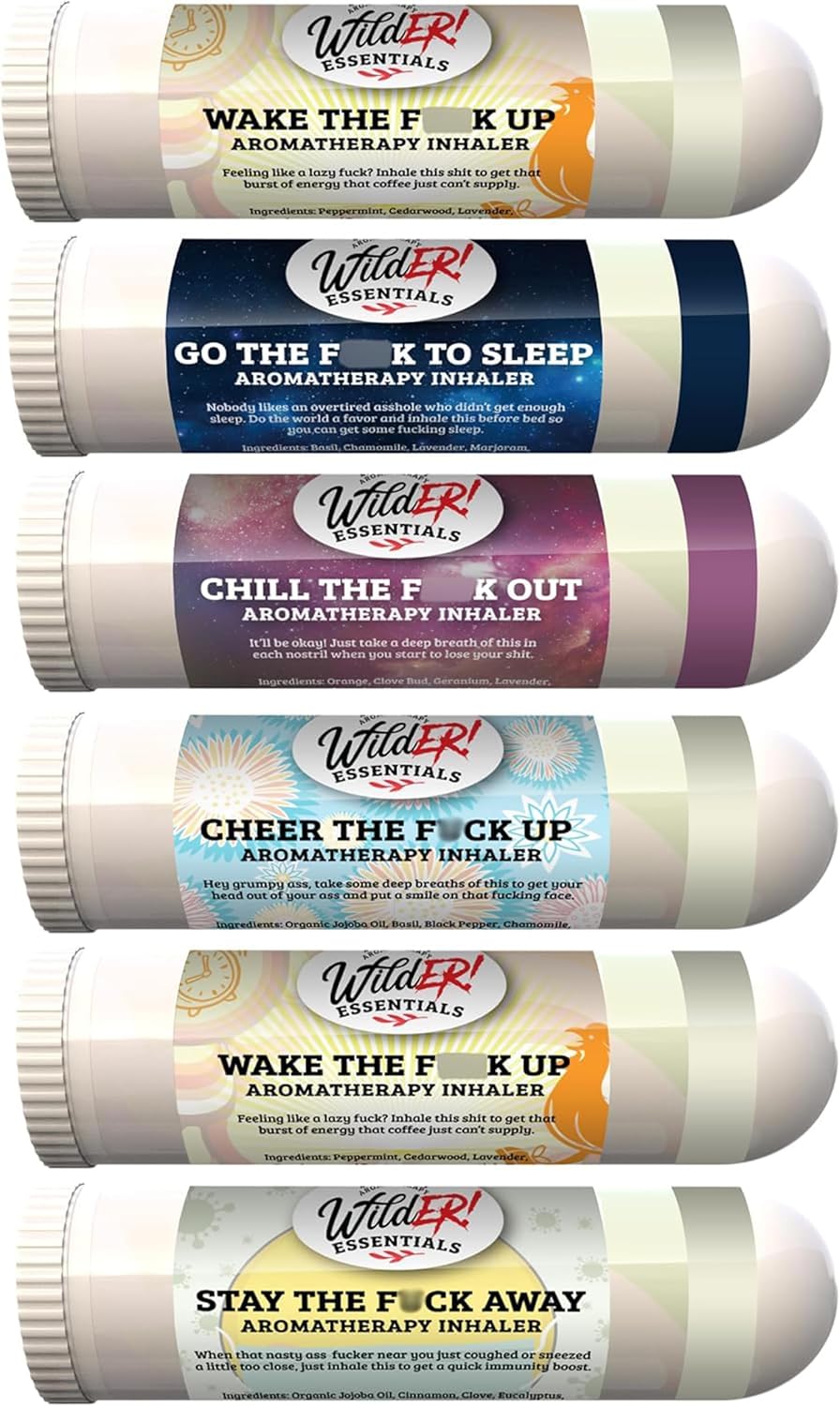Wilder Essentials 6 Pack Aromatherapy Nasal Inhalers Gift Set, Essential Oil Scent Sticks, Funny White Elephant Stocking Stuffers, Portable Natural Diffuser Tubes, Made in USA Novelty Blend Kit