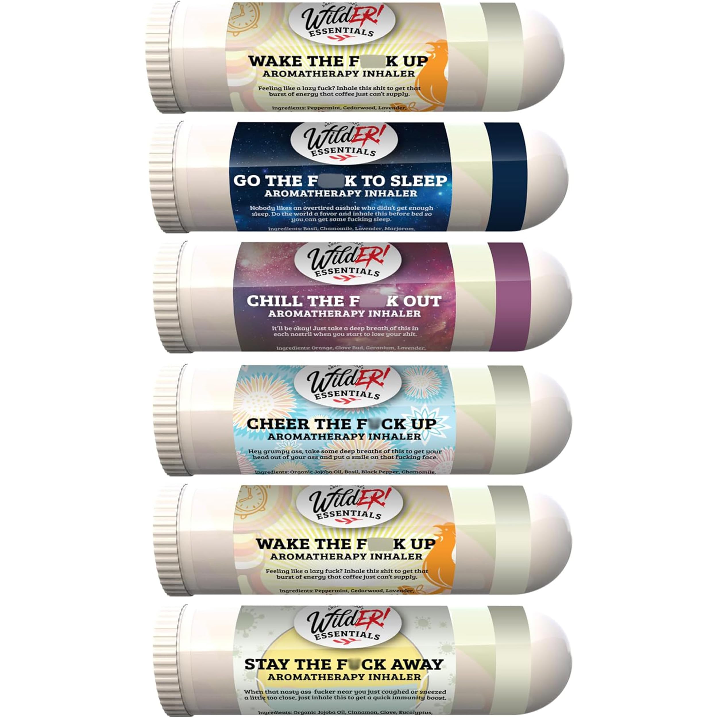 Wilder Essentials 6 Pack Aromatherapy Nasal Inhalers Gift Set, Essential Oil Scent Sticks, Funny White Elephant Stocking Stuffers, Portable Natural Diffuser Tubes, Made in USA Novelty Blend Kit