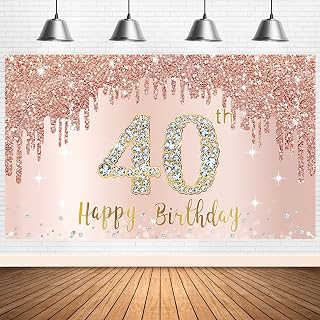 Happy 40th Birthday Banner Backdrop Decorations for Women, Rose Gold 40 Birthday Party Sign Supplies, Pink 40 Year Old Bir...