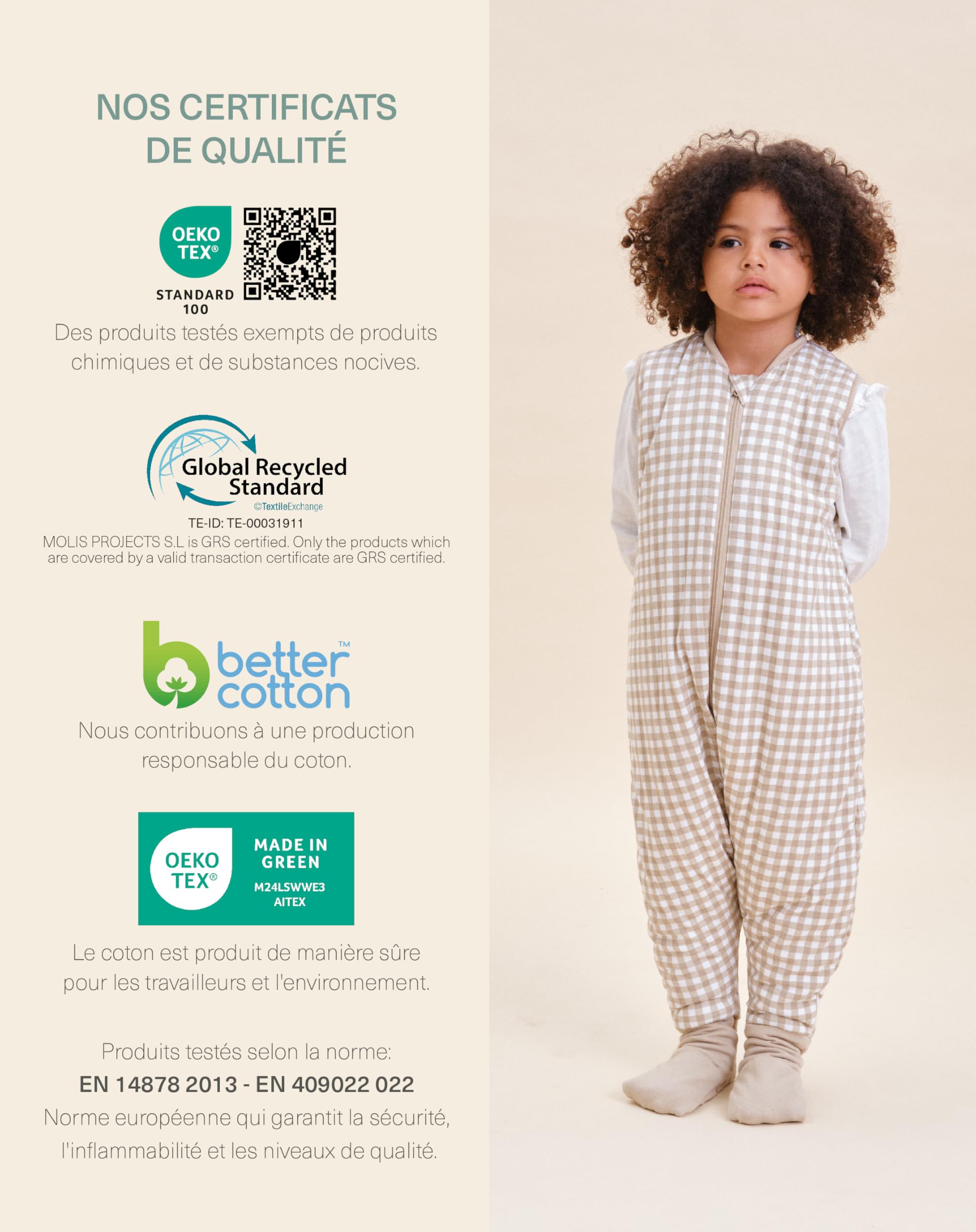 molis&co - Gigoteuse pour bébé avec Pieds et Chaussette - Gigoteuse Tog 2.5 - Turbulette Hiver pour Bébé, Fille Garçon - 100% Coton (certifiée Oeko-TEX) - Vichy Beige (2 Ans)