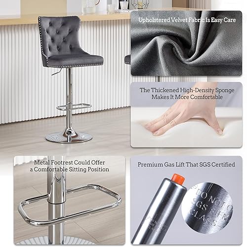 Miniatura 98 de Juego de 4 taburetes de bar giratorios ajustables de terciopelo con respaldo copetudo, ribete de cabezas de clavos y anillo de tracción, sillas de