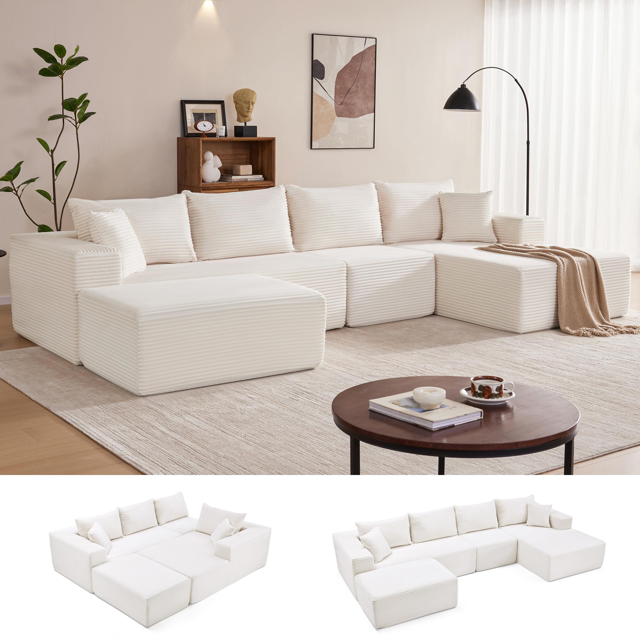 Mangodan 140” Cloud Sectional Couch, Boneless Sofa for Living Room, Modular Sectional Sofa with Deep Seat, Comfy Fluffy U-Shaped Couch with Right-Facing Chaise, No Assembly Required, Beige