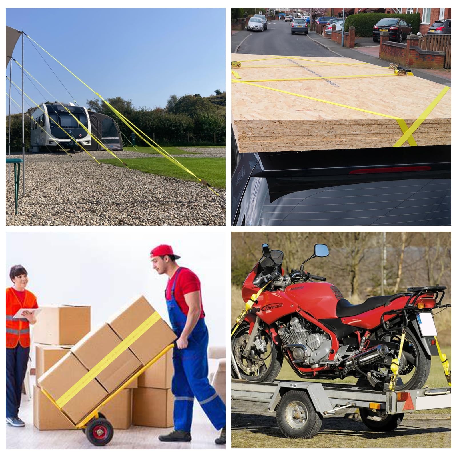 Set di 2 cinghie di fissaggio a cricchetto, 5 cm x 6 m, resistenza alla rottura, resistenti, cinghie di fissaggio con maniglia e gancio a J in metallo, per camion, auto, moto, colore giallo