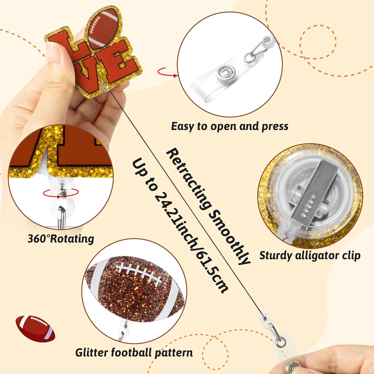 ANGOLIO Spring Football Badge Reel National Nurses Day 6 Funny Retractable Glitter Acrylic Cute Football Bow Badge Holders ID Holder Reels Clip for RN Nurses Doctors Medical Worker Student Teacher Fan - Image 3