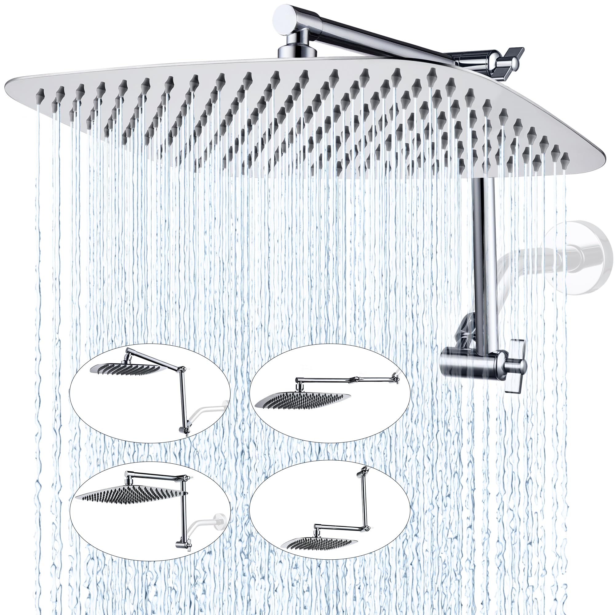 G-Promise Alcachofa de ducha de lluvia de metal de 14 pulgadas con brazo de extensión ajustable de 16 pulgadas, cabezal de ducha de lluvia de alta presión, aspecto moderno de lujo, rectangular, grande