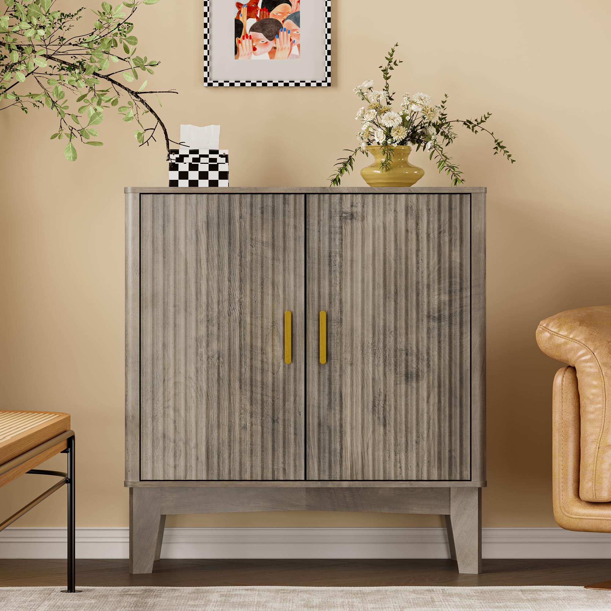 BORNOON Fluted Storage Cabinet with Doors and Adjustable Shelf Sideboard