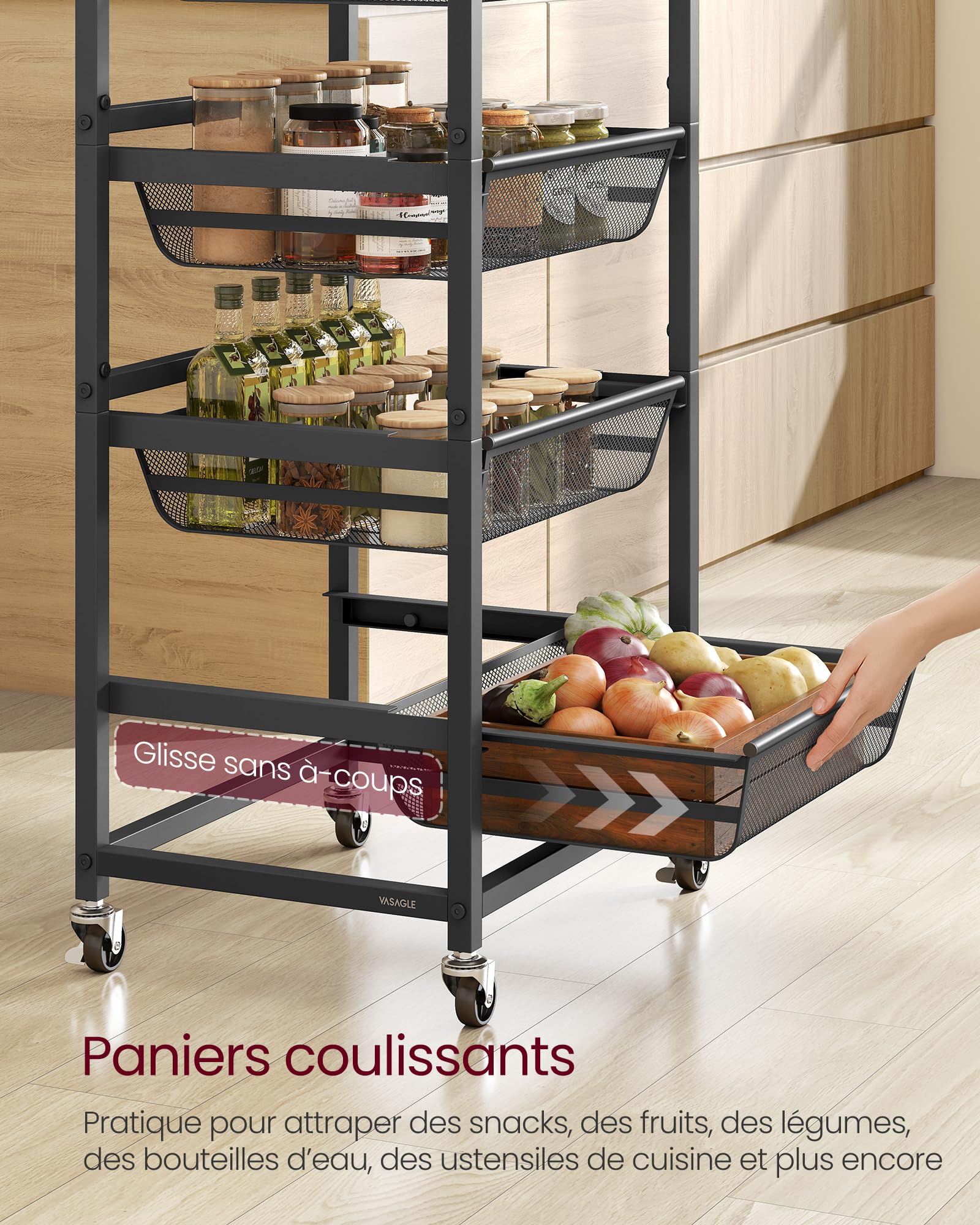 VASAGLE Chariot de Rangement à 5 Niveaux, avec Paniers Extractibles, Étagère de Cuisine avec roulettes, avec Poignée, 31,7 x 40 x 95 cm, Marron Rustique et Noir d'encre LRC041K01