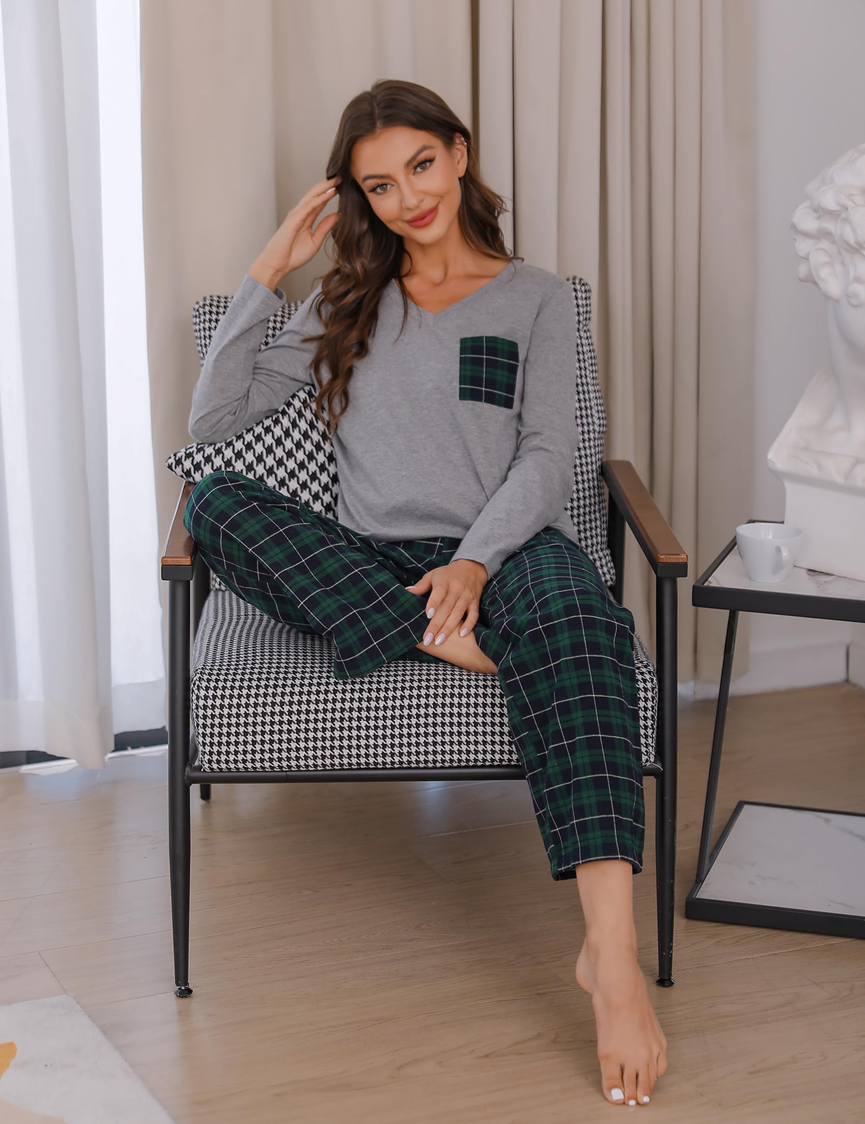 iClosam Pigiama Donna Invernale a Quadri Pigiama Donna in Cotone Lungo Pigiami Due Pezzi da Donna con Tasche Laterali Comodo Casual per la Casa S-XXL