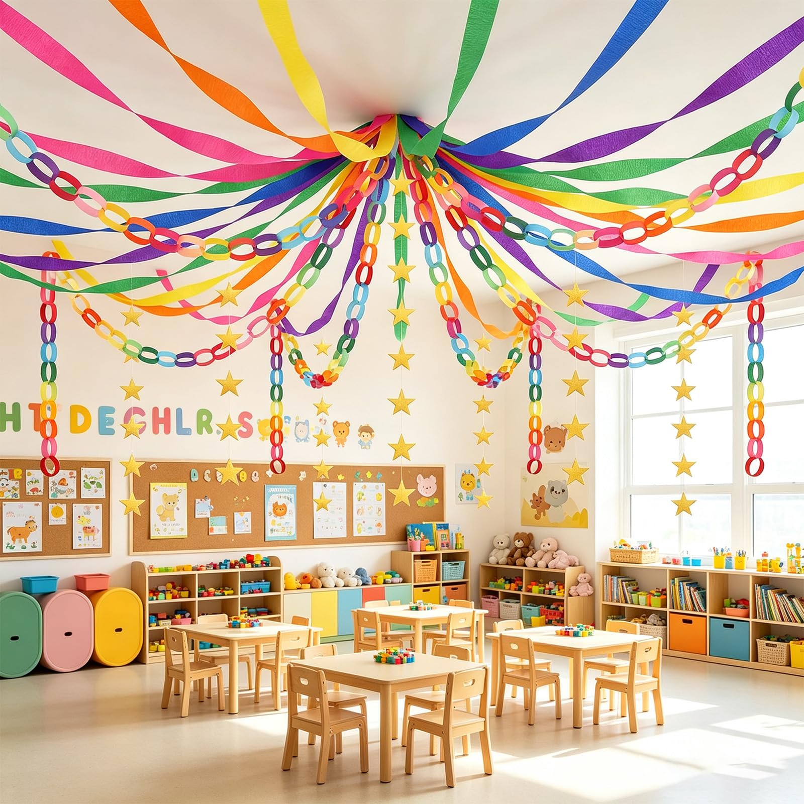 Juego de guirnalda de cadena de papel pastel todo en uno con 300 tiras de cadena de papel + 6 rollos de serpentinas de crepé coloridas + 6 guirnaldas de estrellas doradas, sin herramientas, fácil