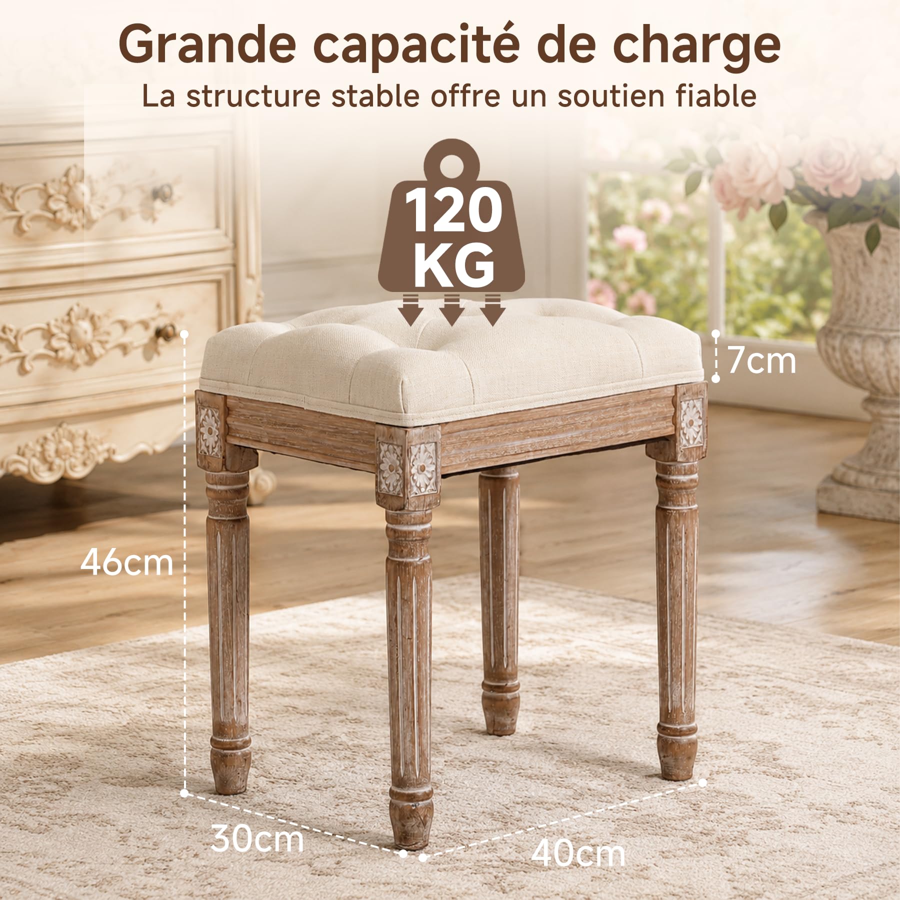 Tabouret Coiffeuse avec Tissu Lin et Pieds en Bois, Banc d’entrée