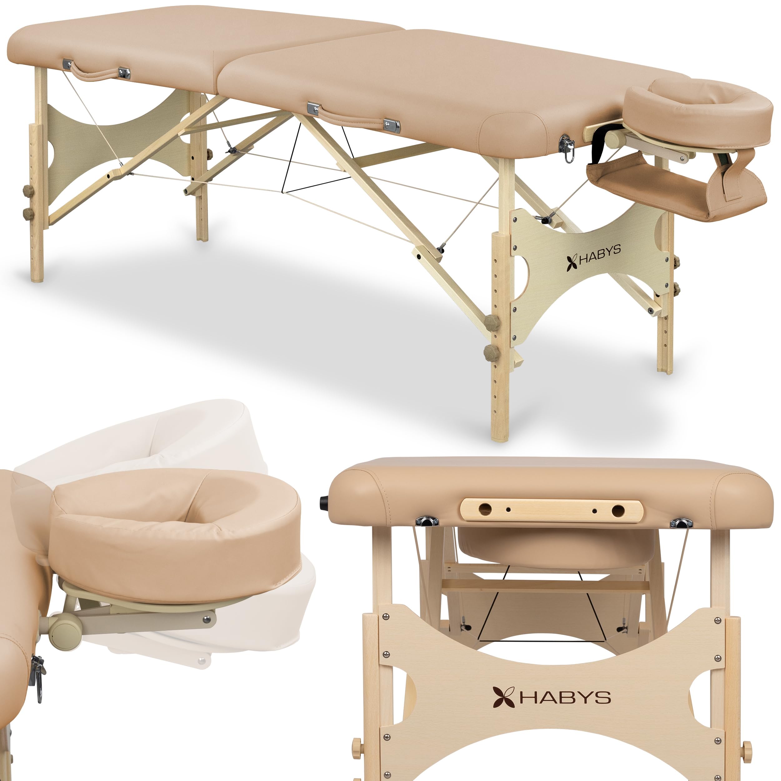 HABYS Massageliege Bello One | Klappbar Mobile Tragebares Höhenverstellbar | Massagetisch Massagebank | Holz Beige | 180 x 70 cm