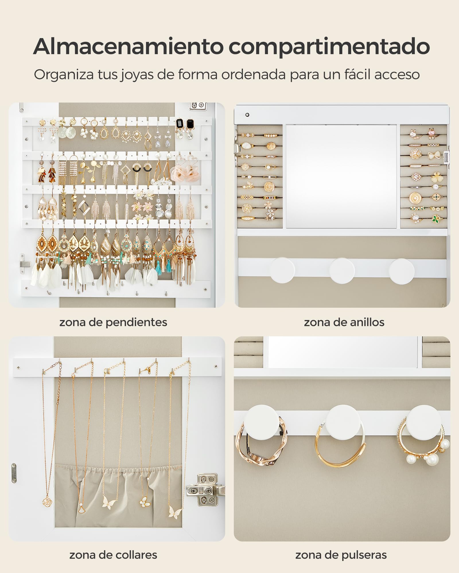 SONGMICS Armario para Joyas, Espejo Joyero de Pared, Organizador con Luz LED y Cerradura, Varios Compartimentos, para Pendiente, Collar, Superficie Blanca y Forro Gris Beige JJC026W01