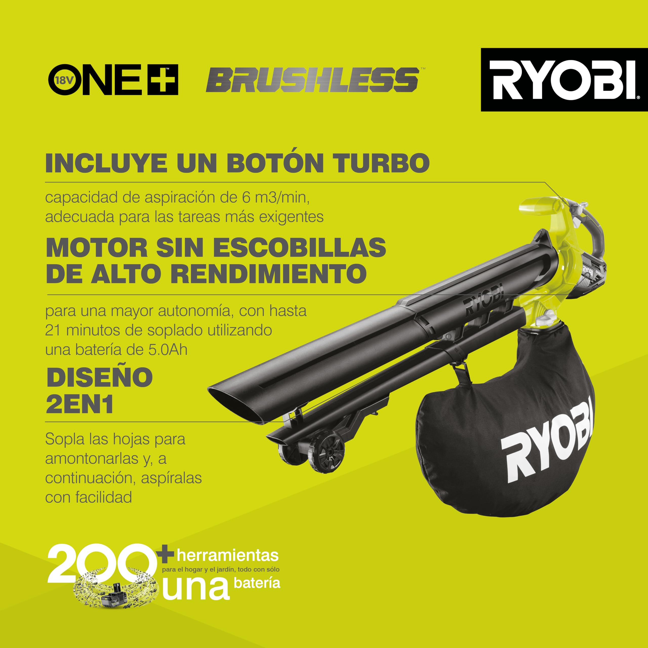 RYOBI - Soplador/Aspirador/Triturador Eléctrico Sin Cable a Batería 18V One+ Brushless - Limpieza Hojas, Pasillos Exteriores, Terrazas, Céspedes y Pequeños Jardines - 1 Bolsa Impermeable 35L - OBV18
