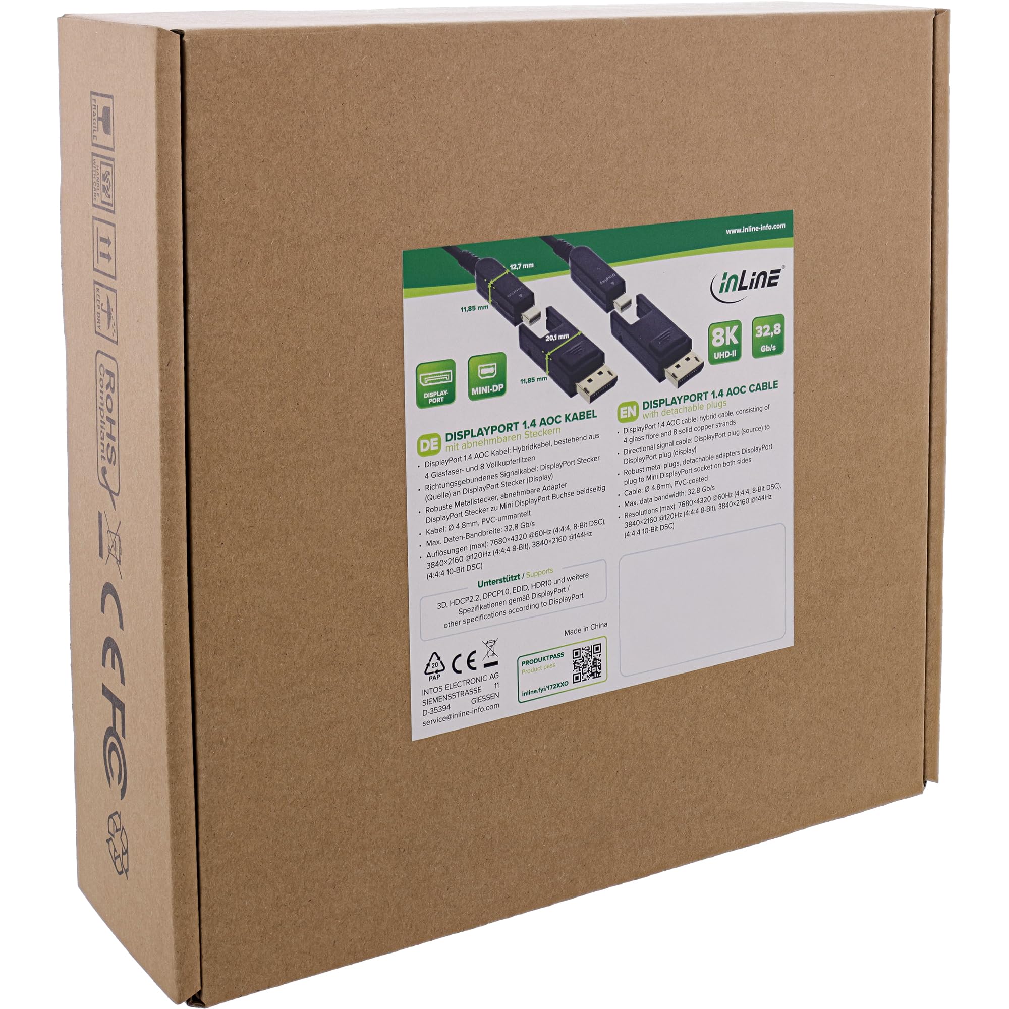 InLine Cavo DisplayPort 1.4 AOC, 8K 4K, 240Hz, connettore rimovibile, lunghezza 20 m, 17220O