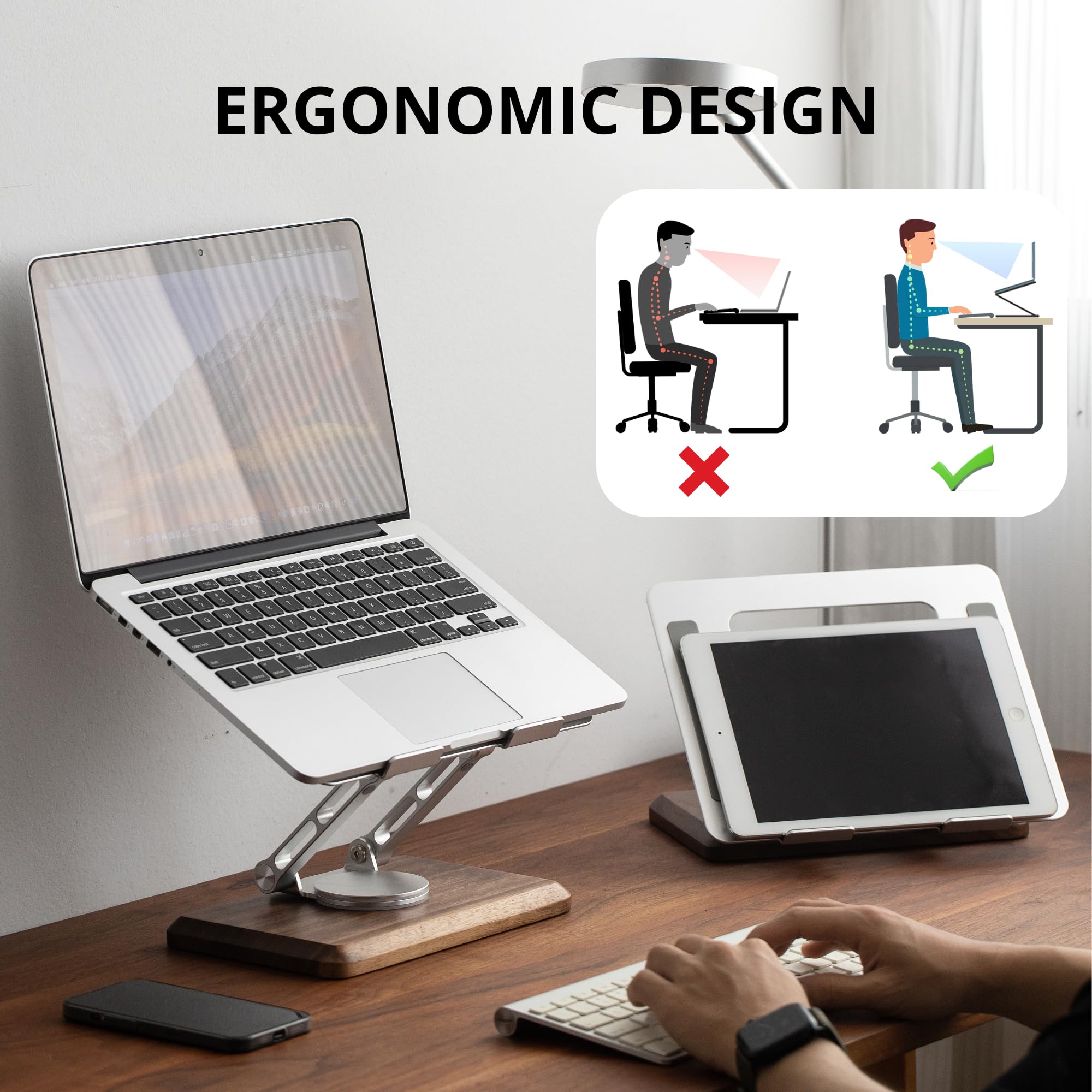 muso wood Supporto per laptop per scrivania, supporto per laptop con base girevole a 360 in noce, supporto regolabile per laptop, supporto ergonomico in legno ventilato per notebook da 10 a 17,3