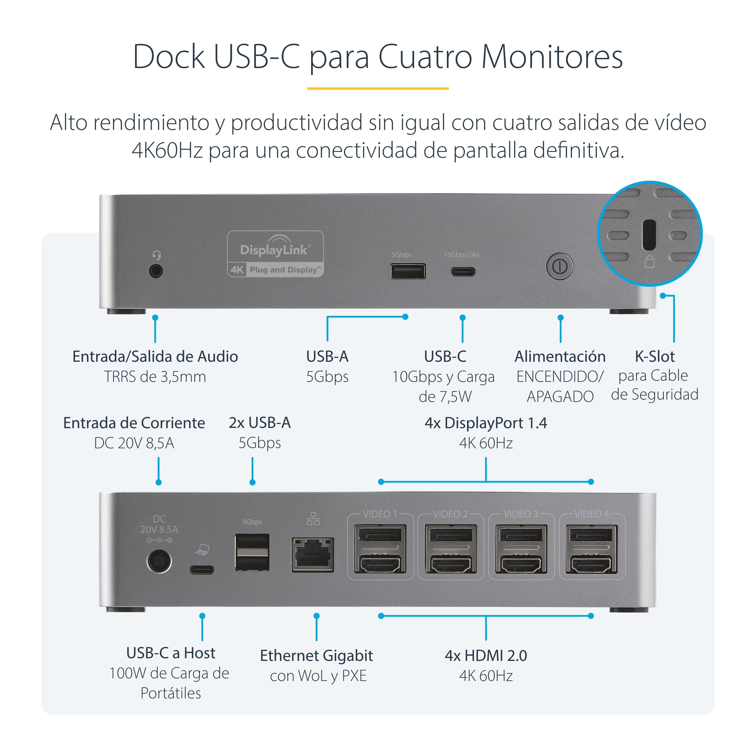 StarTech Dock USB-C 4 Monitores 4K 60Hz para MacBook Pro/Air, 100W, GbE