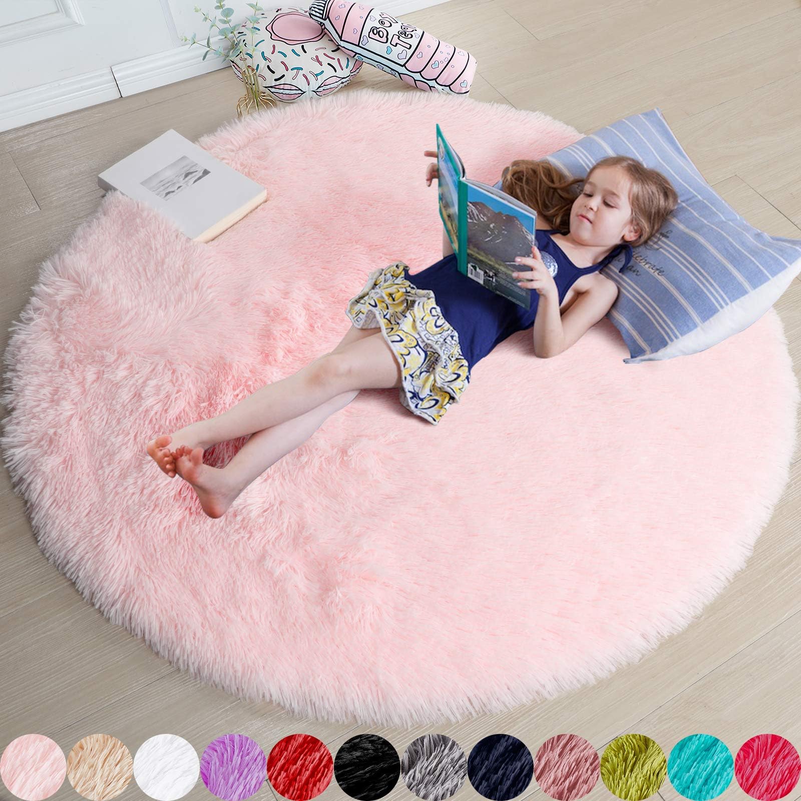 Pink Round Rug for Bedroom,Fluffy Circle Rug 5'X5' for Kids Room,Furry Carpet for Teen Girls Room,Shaggy Throw Rug for Nursery Room,Fuzzy Plush Rug for Dorm,Pink Carpet,Cute Room Decor for Baby