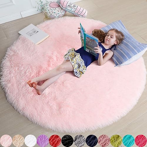 Pink Round Area Rugs 6Ft for Bedroom Living Room, Big Fluffy Shag Circle Rug for Kids Playroom, Cute Preppy Room Decor for Teen Girls, Cozy Fuzzy Furry Plush Carpets for Baby Nursery, Dorm, Classroom - 6' (Round) - Pink