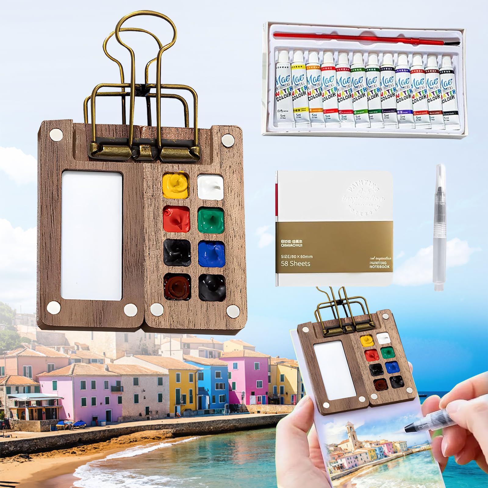 Condition photo showing New/Like New for Mini Watercolor Travel Paint Set, Portable Travel Watercolour Kit with Wood 8 Grid Paint Palette, Watercolor Journal, Metal Clip, Multicolor Paint, Water Brush for Painters Artists Students&Beginners