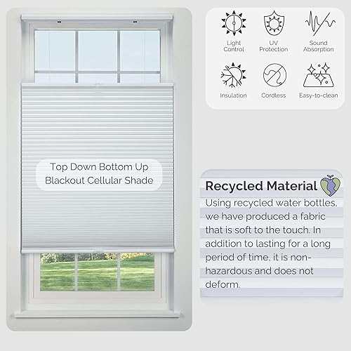 Miniatura 5 de Linen AVENUE Persiana opaca celular inalámbrica de arriba hacia arriba de abajo 36 pulgadas de ancho x 66 pulgadas de alto, color blanco (llega 14