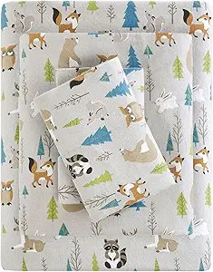 True North by Sleep Philosophy Cozy Flannel Warm 100% Cotton Sheet - Novelty Print Animals Stars Cute Ultra Soft Cold Weather Bedding Set, King, Multi Forest Animals 4 Piece