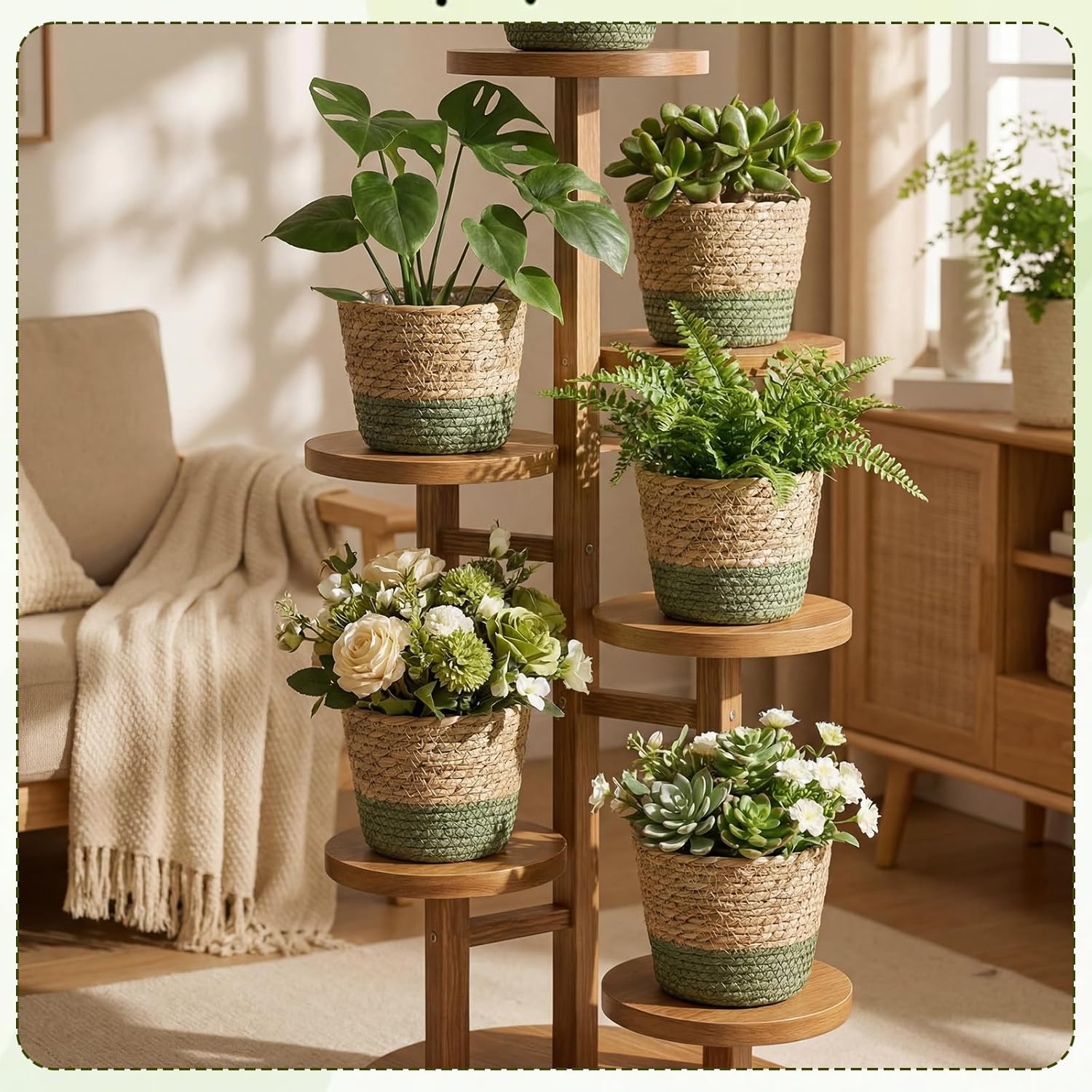 12 Pcs Seagrass Plant Basket with Plastic Liners Woven Stylish Planter Baskets Bulk Indoor Outdoor Plants Woven Wicker Baskets for Flower Pots Cover and Room Decor Small (Small,Farmhouse)