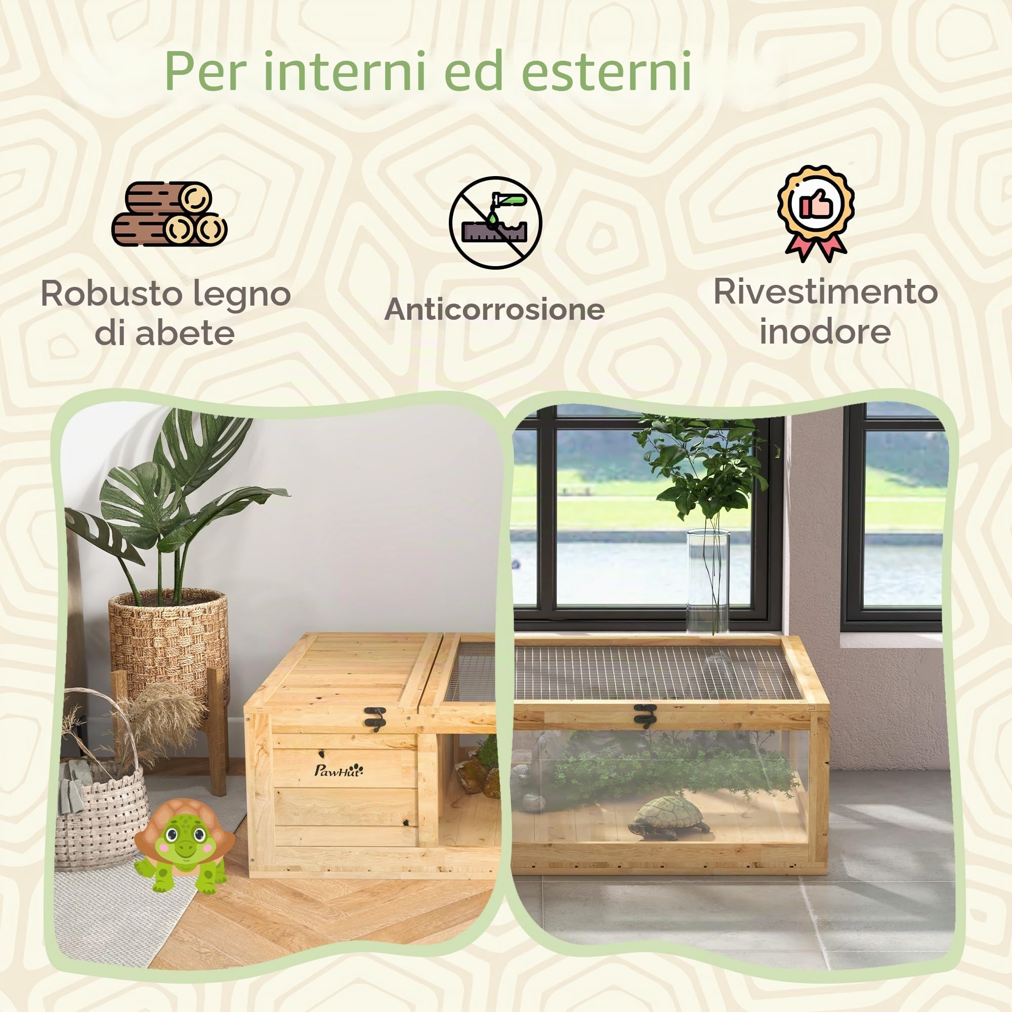 PawHut Casa per tartarughe in legno, terrario per rettili con tetto in rete, pannelli laterali trasparenti estraibili e chiavistello di sicurezza, capannone per tartarughe, 91 x 60,5 x 32 cm, naturale