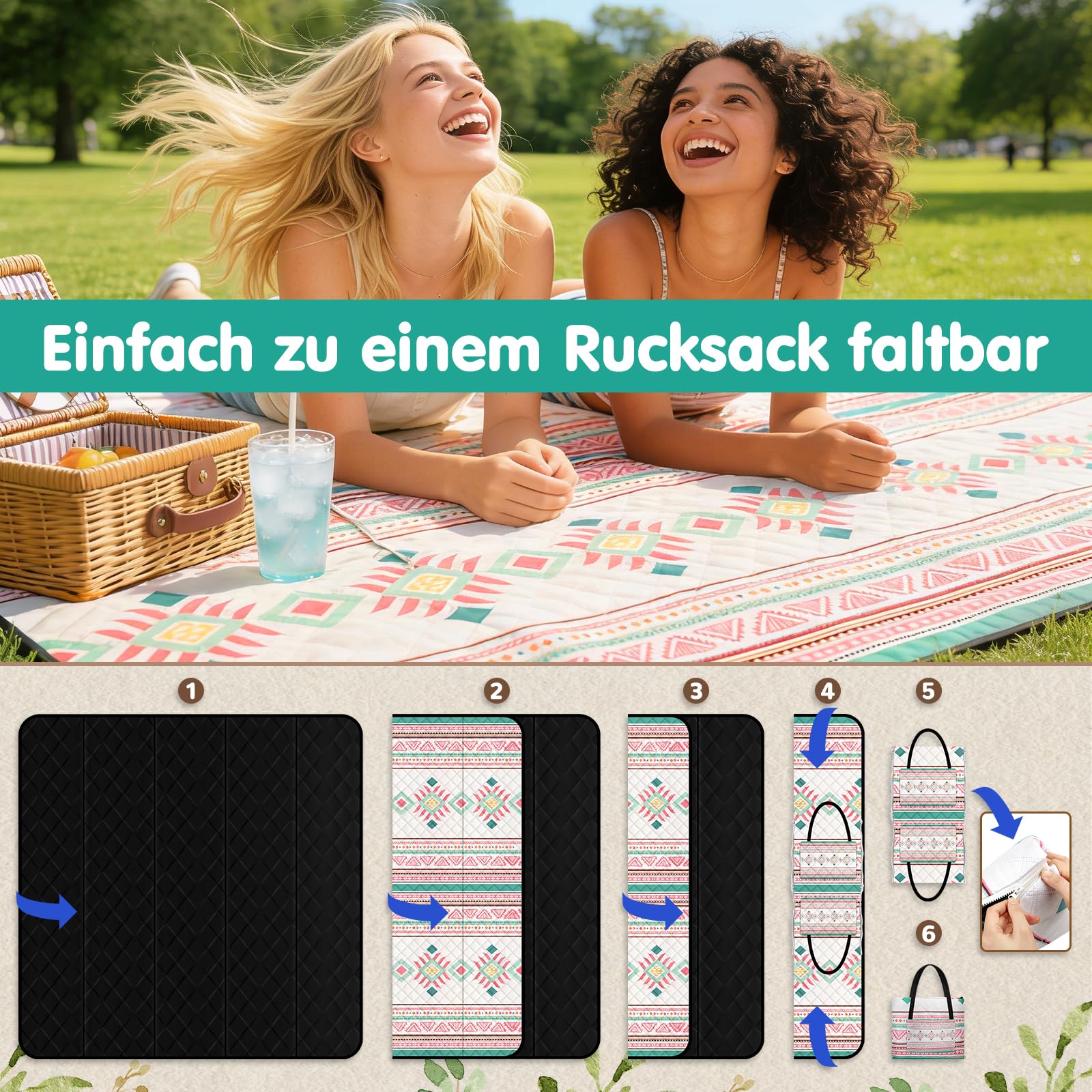 Ulikey Coperta da Picnic, 200 x 200 cm Boho Coperta Picnic Impermeabile, Tappetino da Spiaggia Portatile Isolata, Tappeto da Picnic lavabile per Esterni, Campeggio, Spiaggia, Parco, Picnic (Rosa)