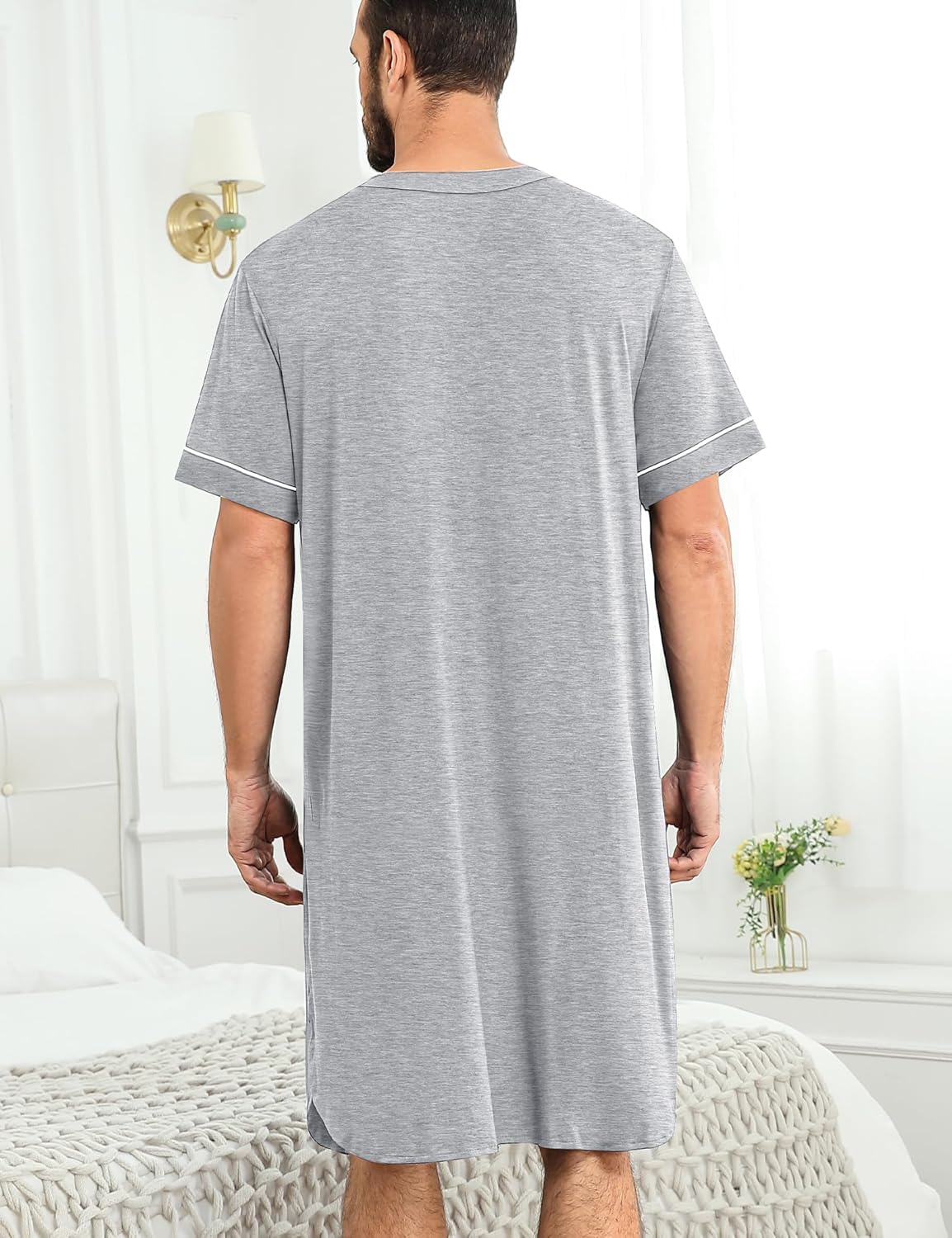 SWOMOG Mens Nightgown Short Sleeve Lounge, Sleep Henley Shirt Pajama Big & Tall Nightshirt Comfy Nightwear M-3XL - Image 4