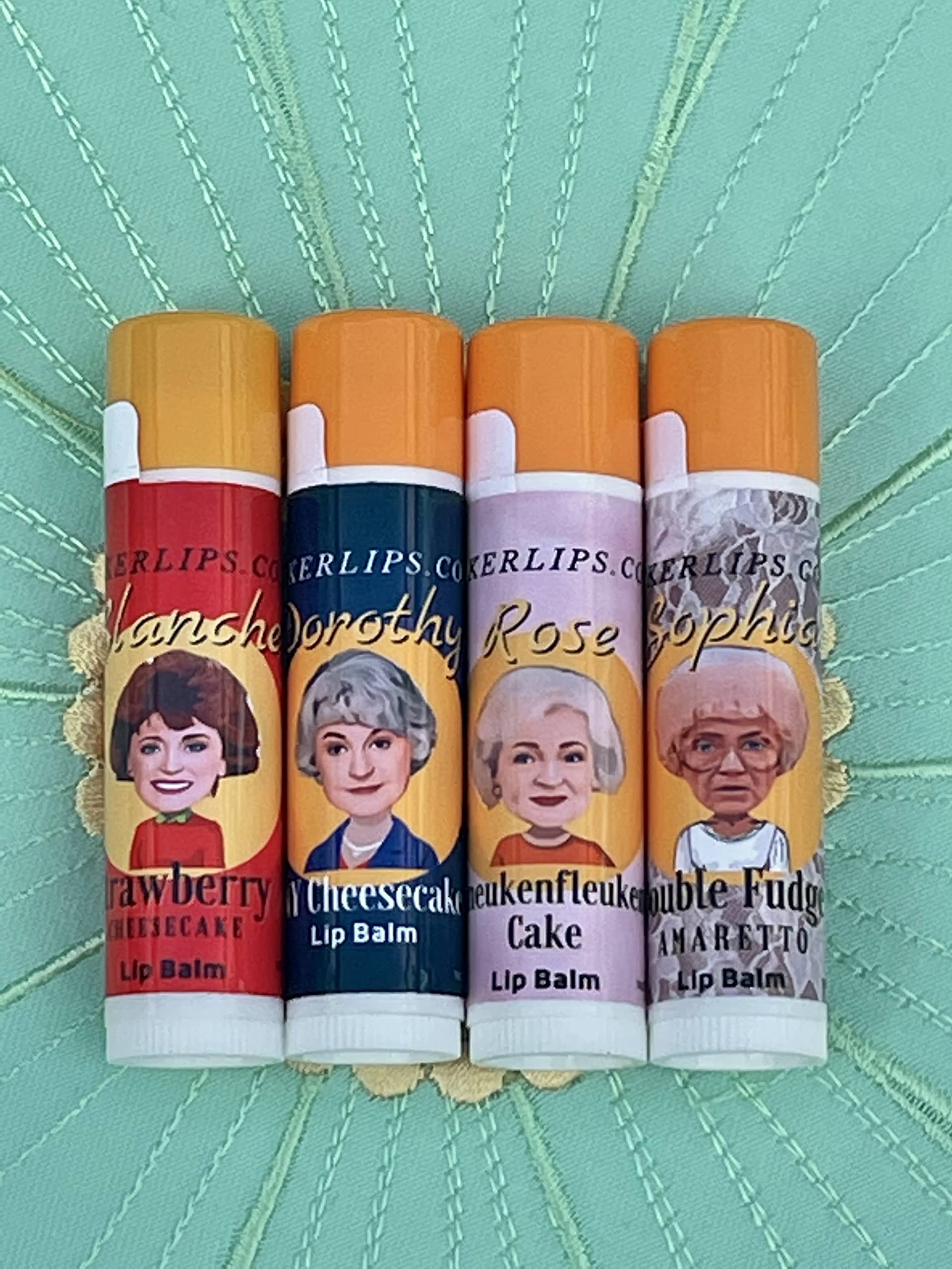 The Golden Girls Gifts Lip Balm Gift Set - Blanche Dorothy Rose and Sophia - Golden Girl Party Favor Stocking Stuffer Secret Santa - 4 dessert flavors included - 4g tubes