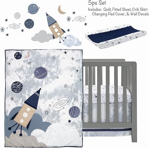 Miniatura 2 de Lambs & Ivy Sky Rocket - Juego de ropa de cama para cuna de bebé, 5 piezas, galaxia azul y espacio