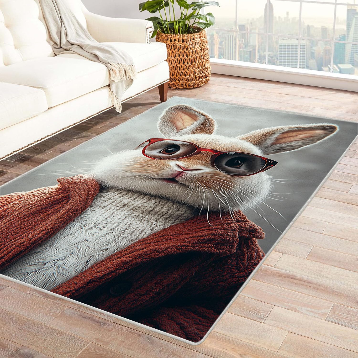 Tapis chambre lapin 3D gris pour decorer un sol froid et relooker un petit salon moderne