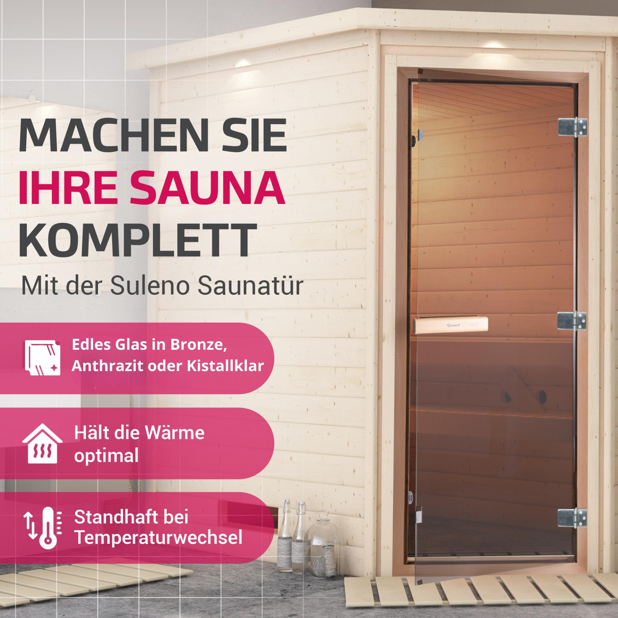 SULENO Hochwertige Saunatür mit Zarge, Komplettset, 70 x 190 cm, Bronze | Robuste Konstruktion, Inklusive Holzgriff, Demmelhuber, Tür