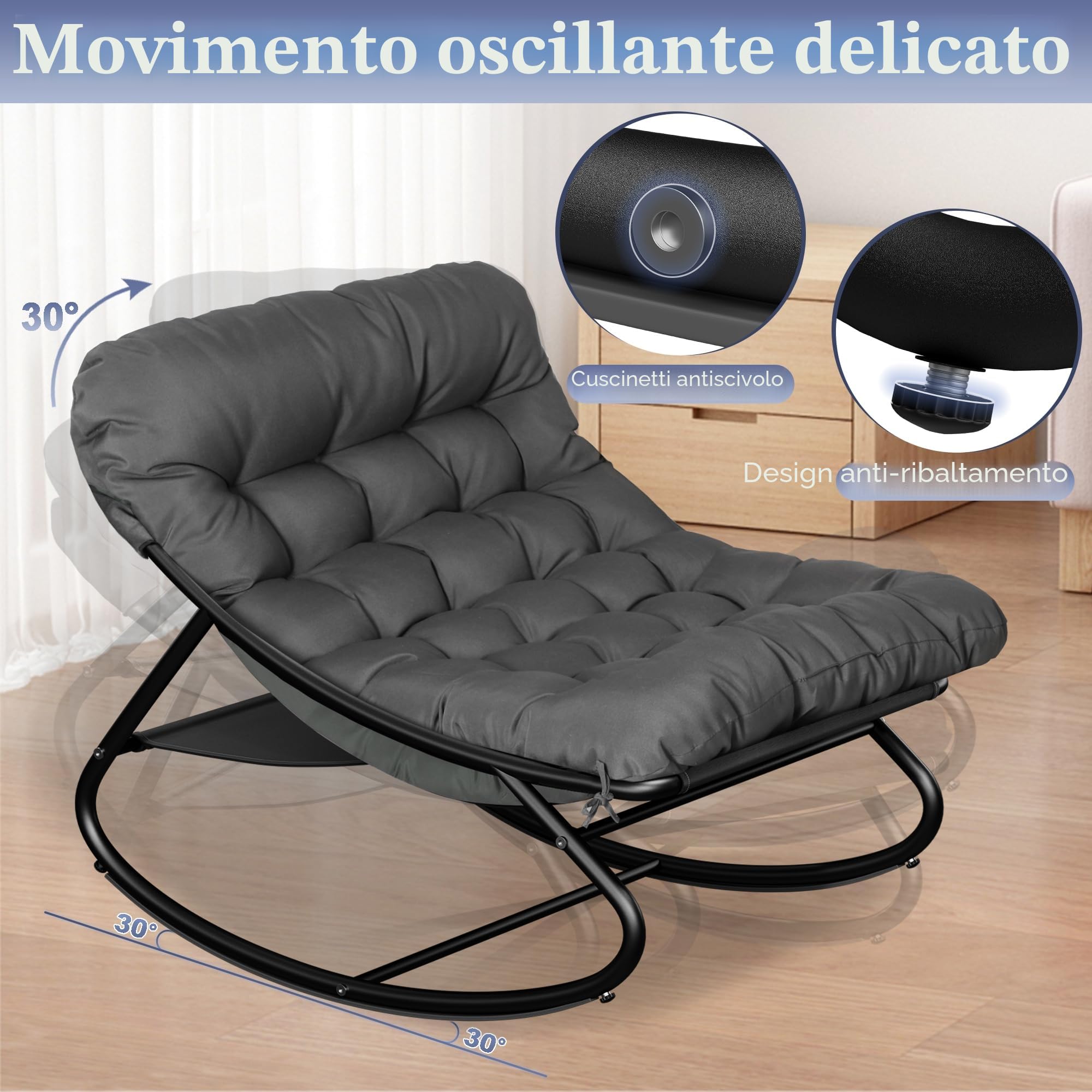 Sedia a Dondolo da Esterno Poltrona a Dondolo da Lettura con Poggiapiedi Poltrona Salotto con Cuscino Imbottito, Portata 150 kg, per Salotto Terrazza Camera