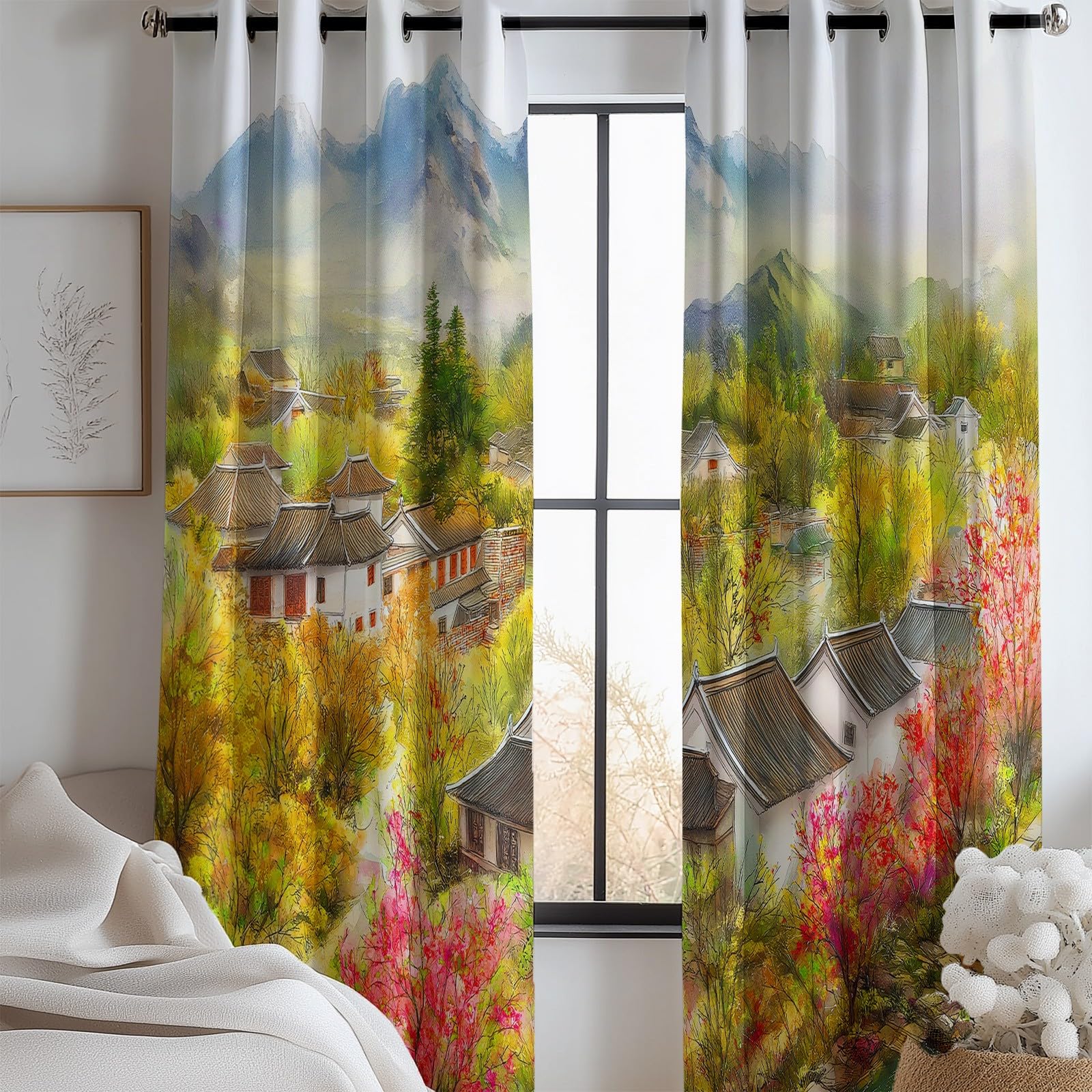 Rideau Occultant Imprimé Peinture à L'huile, Rideaux à Œillets Nuage Rural Oriental Décoration Moderne pour Enfant Ado Adultes - Rideaux (Lot de 2) 91.5L X 214H cm pour Chambre à Coucher et Salon