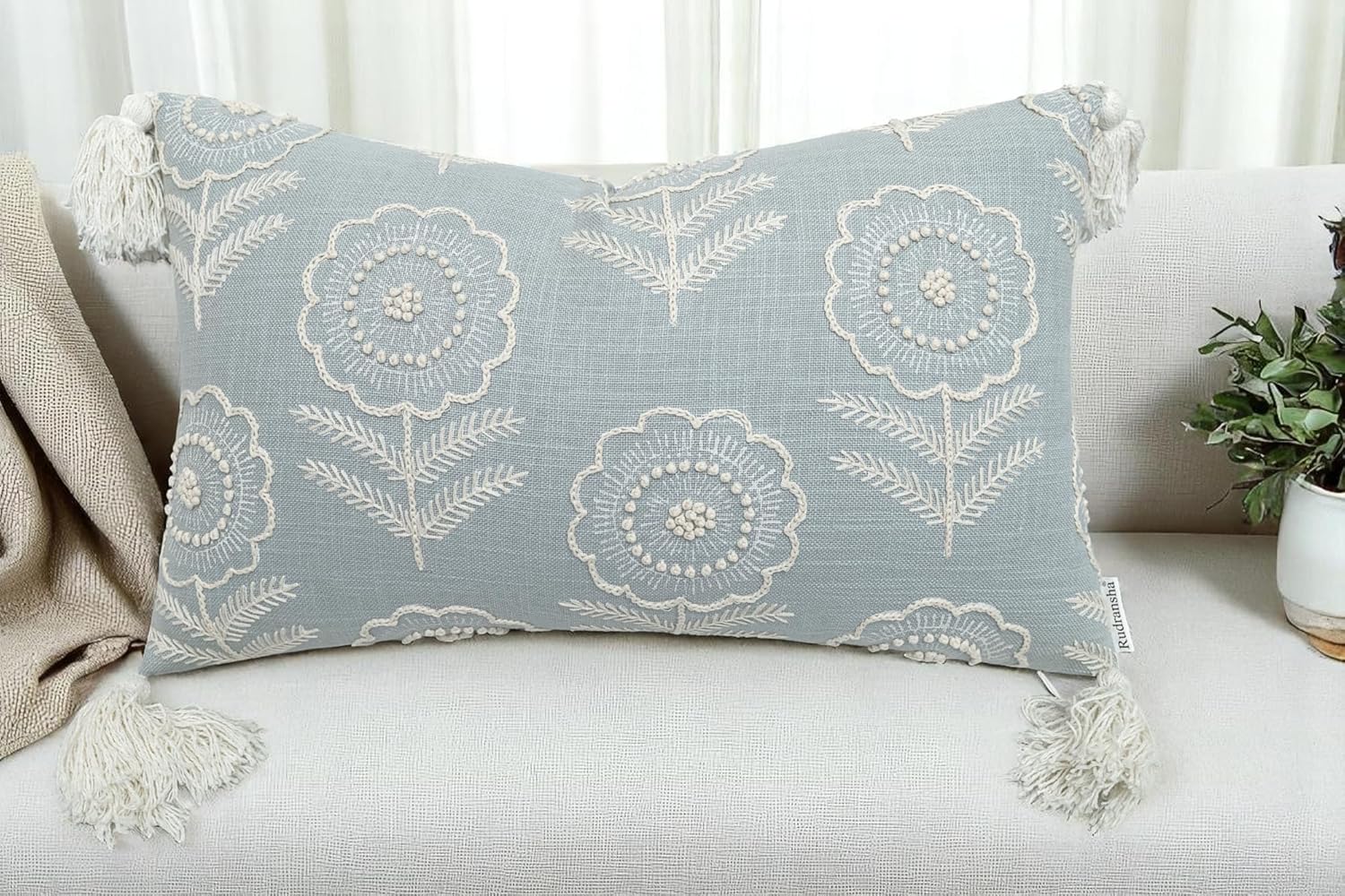 Rudransha Hand Embroidered Pillow Cover 12x20 Inch Blue Grey Cotton - Trina Floral Robins Egg