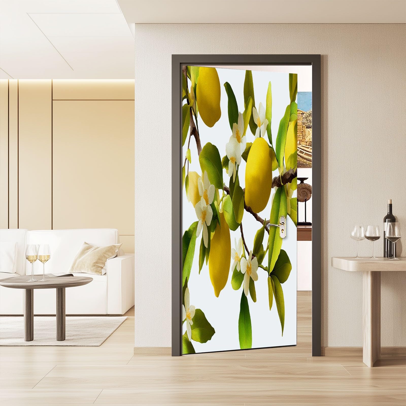 Tapeta na drzwi 3D, samoprzylepna, owoce, cytryna, liście, kwiaty, plakat na drzwi, ręcznie malowany styl akwarelowy, naklejka na drzwi, wodoodporna folia na drzwi, fototapeta do salonu, sypialni