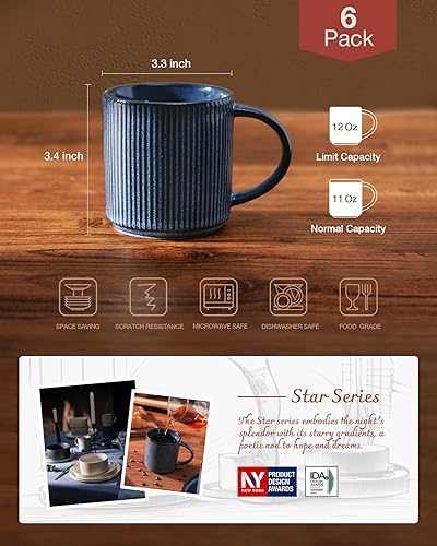 Miniatura 87 de famiware Star - Juego de tazas de café para 6 unidades, 12 onzas, con asa, para café, té, cacao, leche, cerámica, carbón oscuro mate Star-Matte Dark
