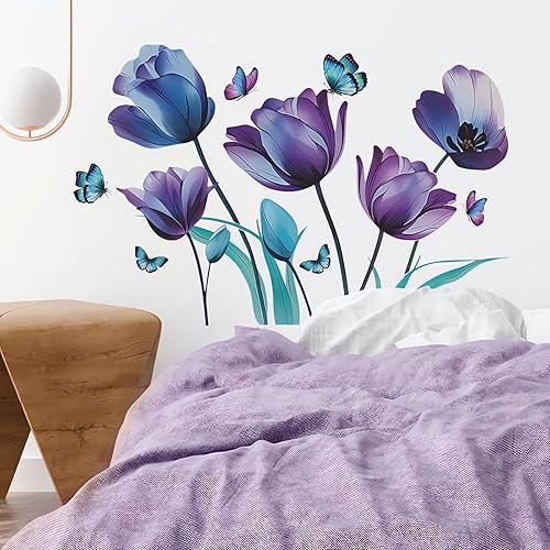 Calcomanías de pared de mariposa con tinta azul y morado, diseño floral de sacinora para bricolaje, vinilo extraíble para despegar y pegar para sala